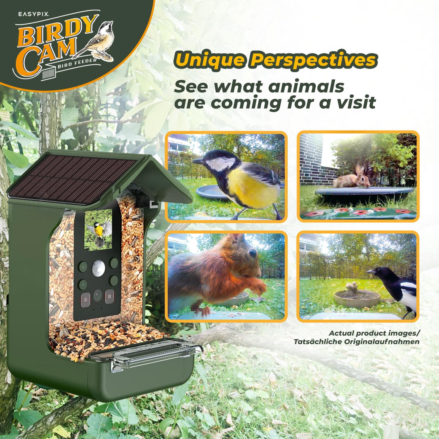 BirdyCam Futterhaus mit Kamera, Solarenergie, Automatische HD-Video- und Fotoaufnahmen von Vögeln, Futterspender für Garten