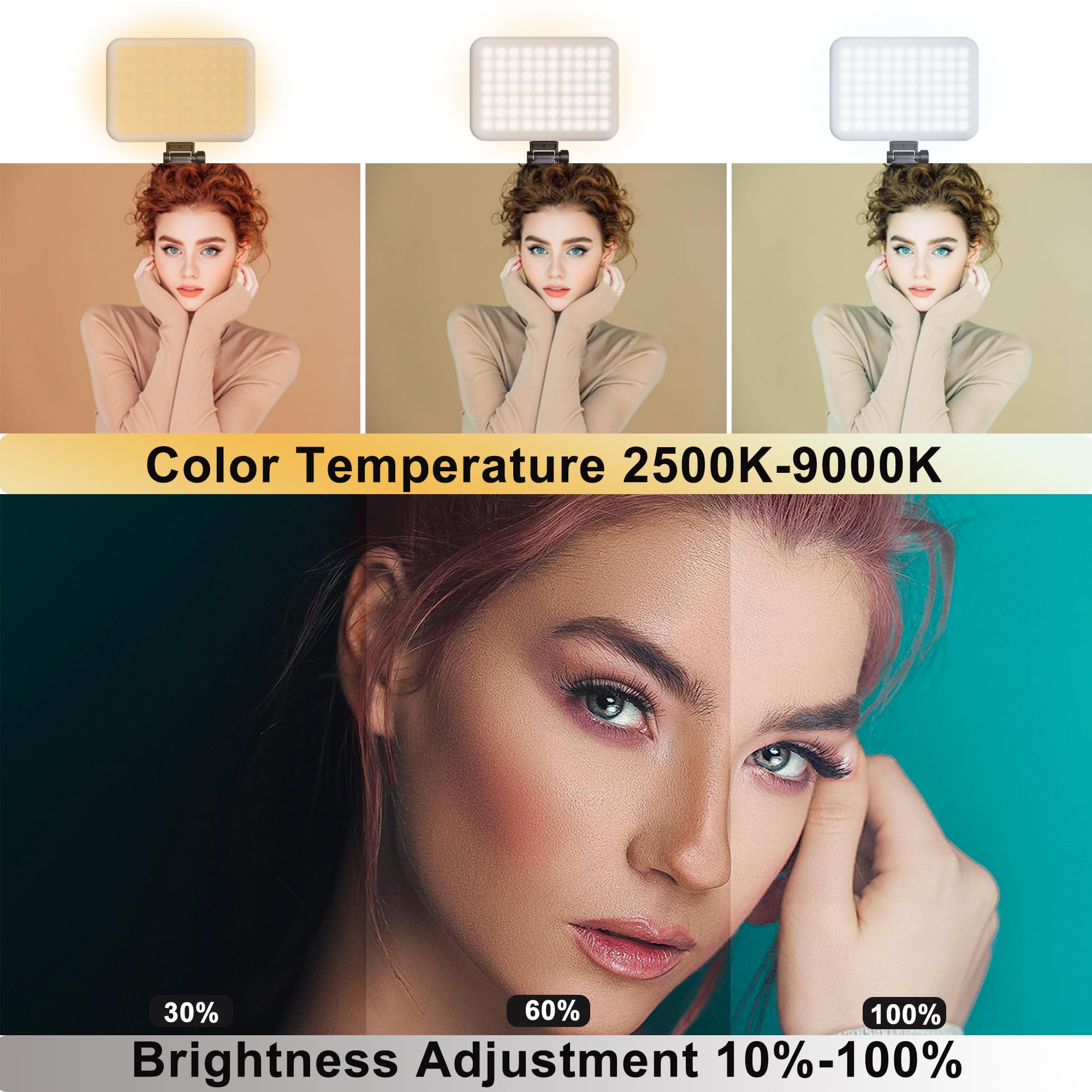 60 LEDs Selfie Light, 3 Lighting Modes, Rechargeable Clip on Phone/Laptop/Camera Light & CRI 97+ for Laptop/Phone, iPhone Camera, Video Conference, Youtube, TikTok, Makeup Vlog (Black) — view 3