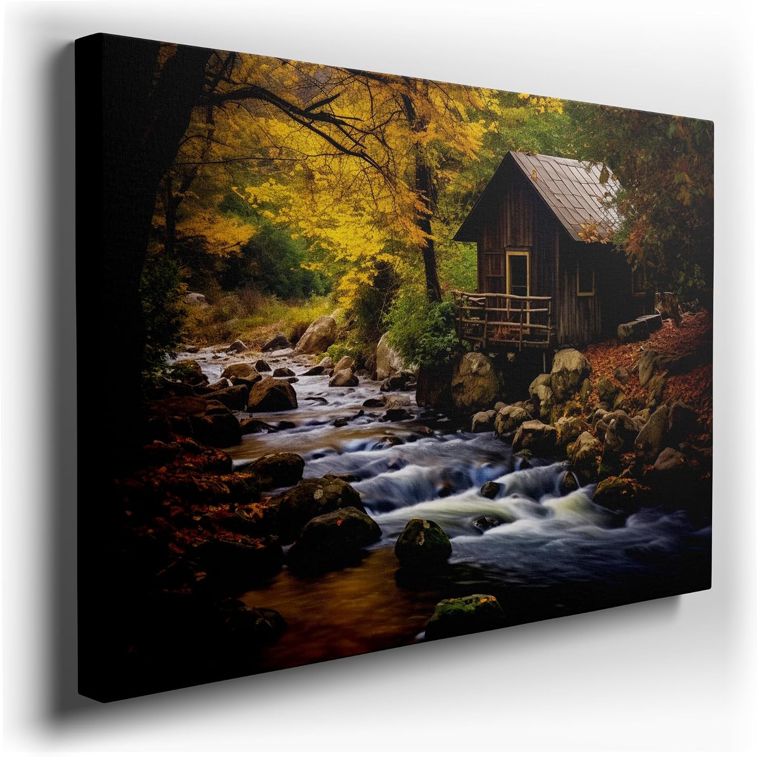 Canvas for Living room. Whispers of Serenity Among Autumn Woods � Discover the Rustic Retreat by the Waterfall River, 27 x 18 inch Canvas Wall Art - Contemporary Masterpieces - Modern Home Decor