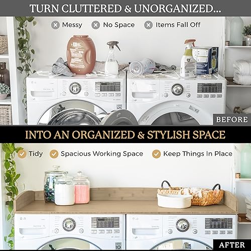 Miniatura 3 de Nedura Encimera de lavadora y secadora con almohadillas antivibración y rieles de borde curvo, encimera de lavandería de bambú, parte superior de