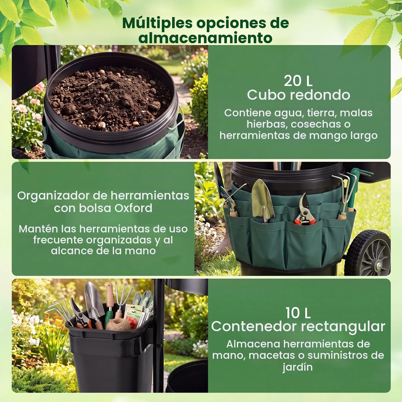 COSTWAY Carro de Jardín para Herramientas, Carrito de Transporte de Jardinería con 2 Cubos Desmontables, Bolsas de Tela Oxford, Estructura de Metal, Carretilla de Utensilios para Exterior