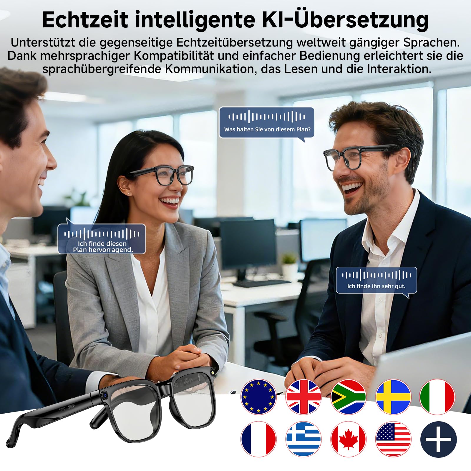 AI Smart Glasses, Brille mit 800 W Kamera, 2 Paare Brillengläser, 1080P HD Video und Audiorecording mit Bildstabilisierung, /Bluetooth-Anrufe/AI-Assistent/Echtzeitübersetzung