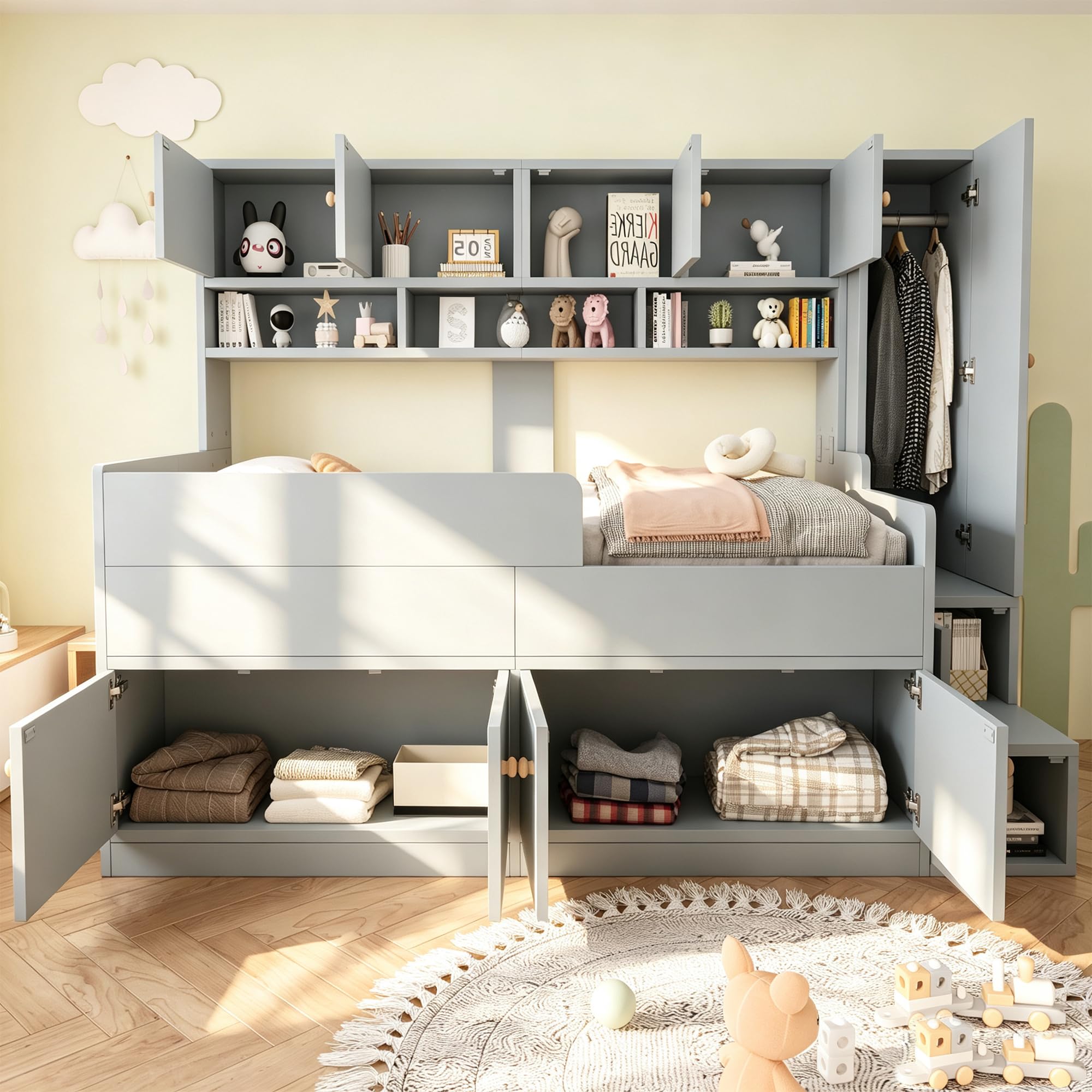 Łóżko drewniane 90 x 200 cm, łóżko piętrowe z diodami LED i