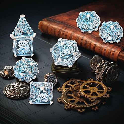 Miniatura 5 de UBEUCK Juego de 7 dados DND, dados de mazmorras y dragones y dados mecánicos, juego único de dados de metal, juego de dados poliédricos steampunk