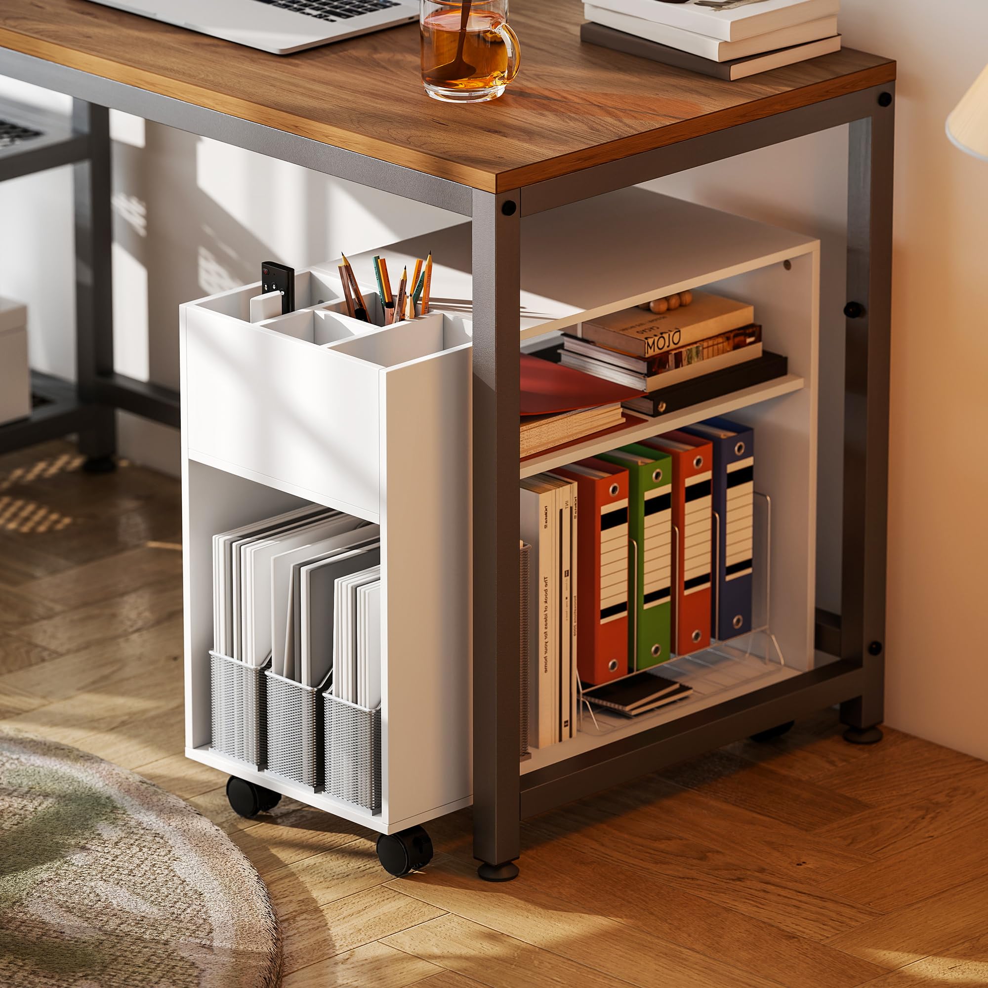 HOMCOM Druckertisch mit Rollen mit Unterteiltem Fach 70 x 34 x 60 cm Weiß | Druckerständer, Ablageflächen, Schreibtisch Organizer für Drucker, Druckerwagen für Büro Fax Scanner Office