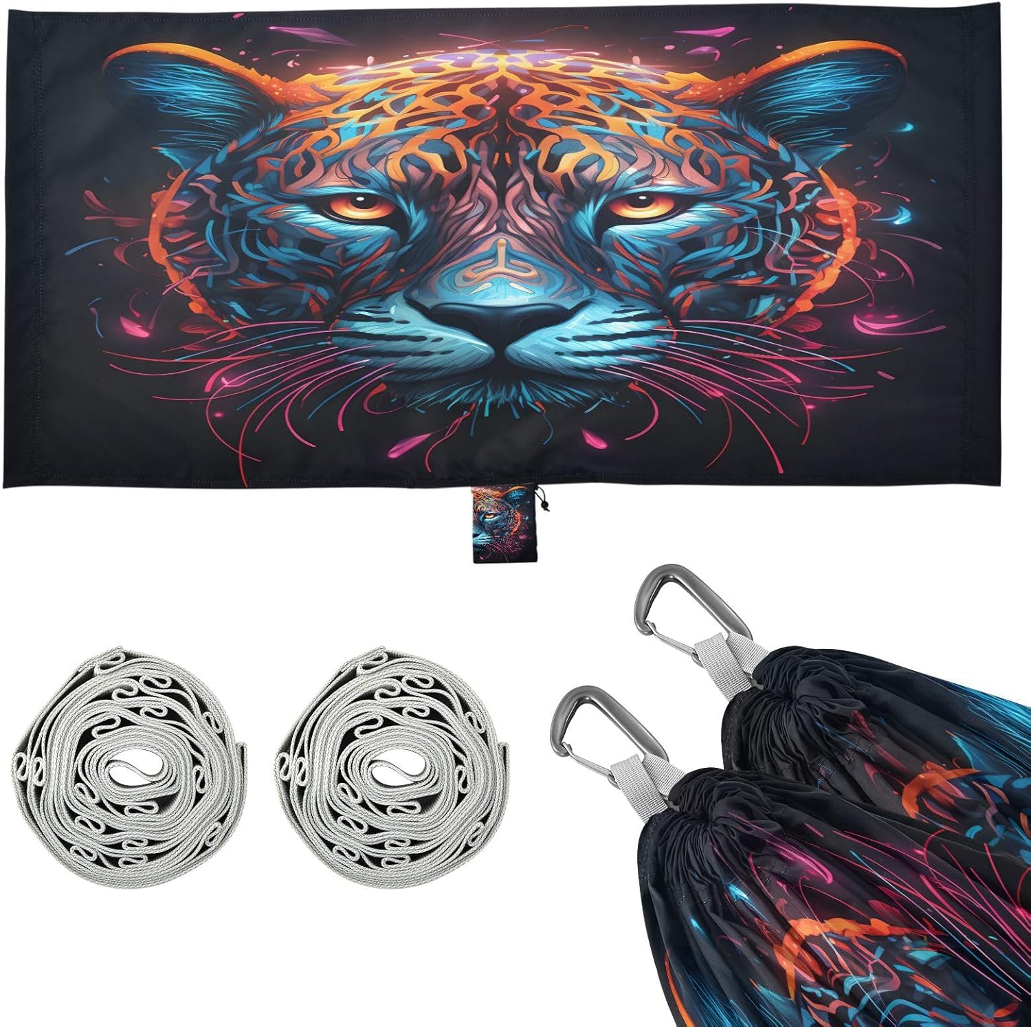 ALAZA Leopard Head Camping Hammocks Single or 2 Person 500 lbs Portable Parachute Travel Hammock w/Tree Straps for Hiking Backpacking Indoor Outdoor