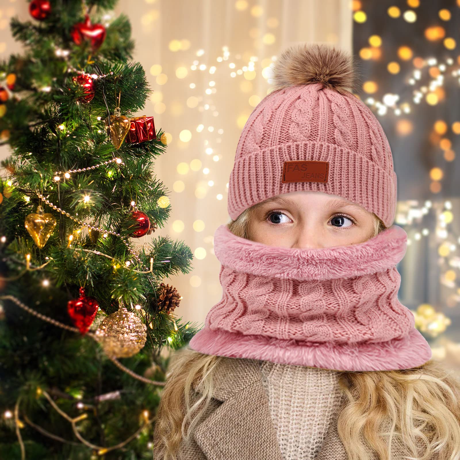 MIVAIUN Rosa 3 Piezas Gorro de Punto Invierno Térmico con Guantes y Bufanda Forro Polar Niños Set Accesorios de Invierno para Niñas Bufanda de Ganchillo Gorro de Punto Niñas 3-5 Años