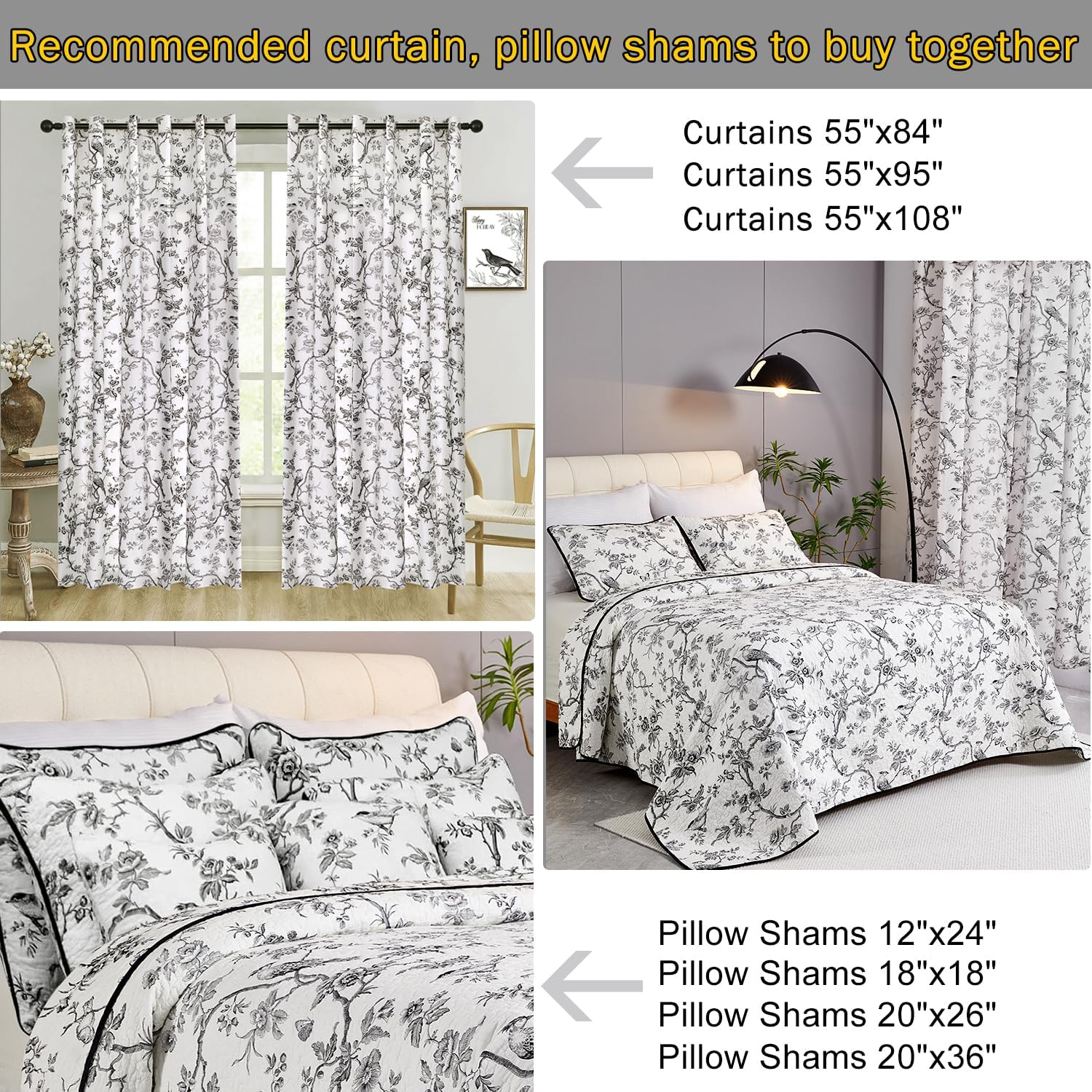 EVENHUG 100% Cotton Quilt Queen Size Black Bird Bedding Set Double Printing Lightweight Quilt Reversible Coverlet Bedspread with Pillow Shams All Seasons 3 Pieces (92"x96")