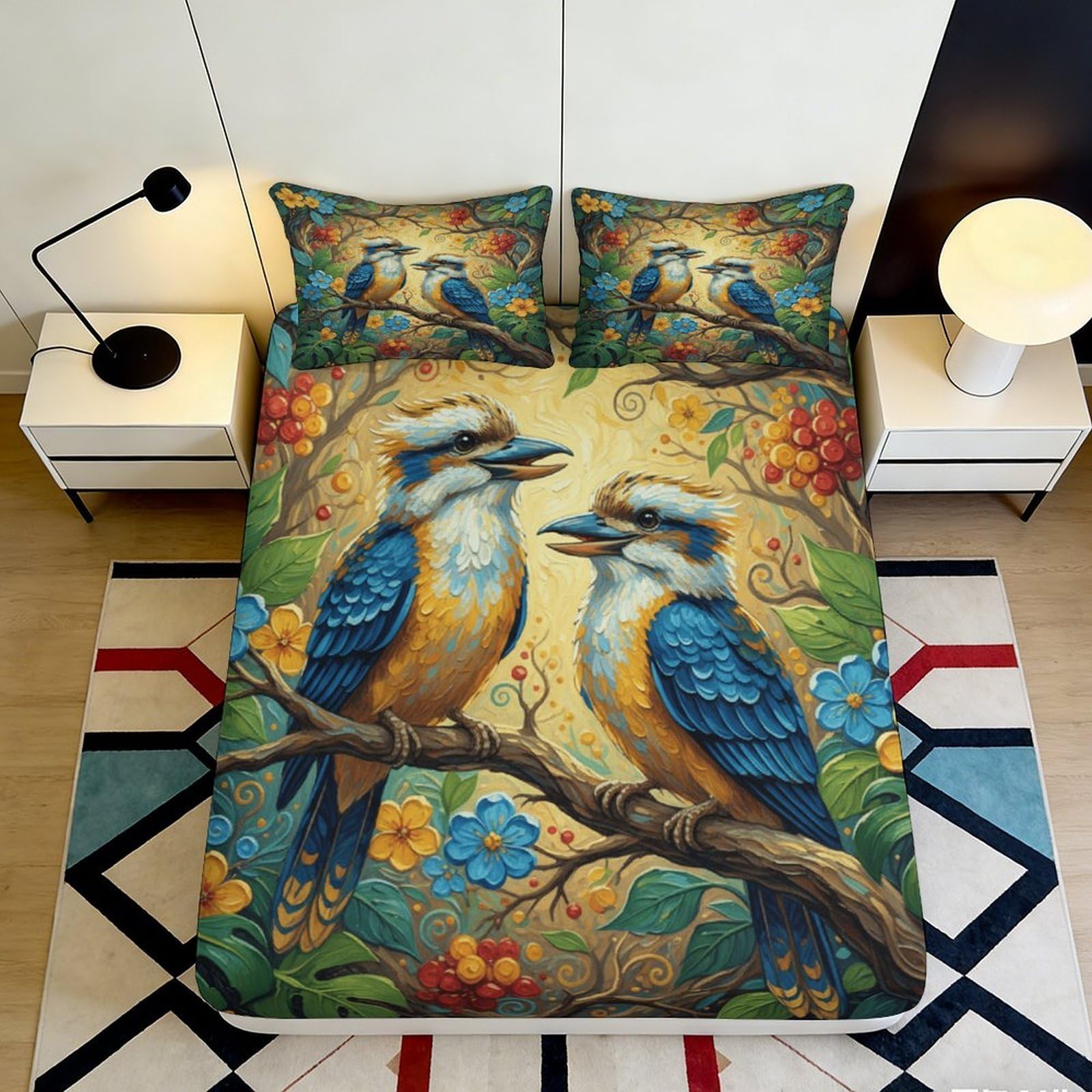 3D Printed Kingfisher Bird Fitted Sheet Microfiber Soft Floral Branch Bed Cover Easy Care Bedroom Decor 120x200x25cm