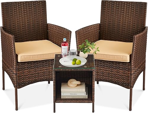 Miniatura 133 de Best Choice Products Juego de 3 piezas de mimbre para conversación al aire libre, muebles de patio que ahorran espacio para jardín con mesa