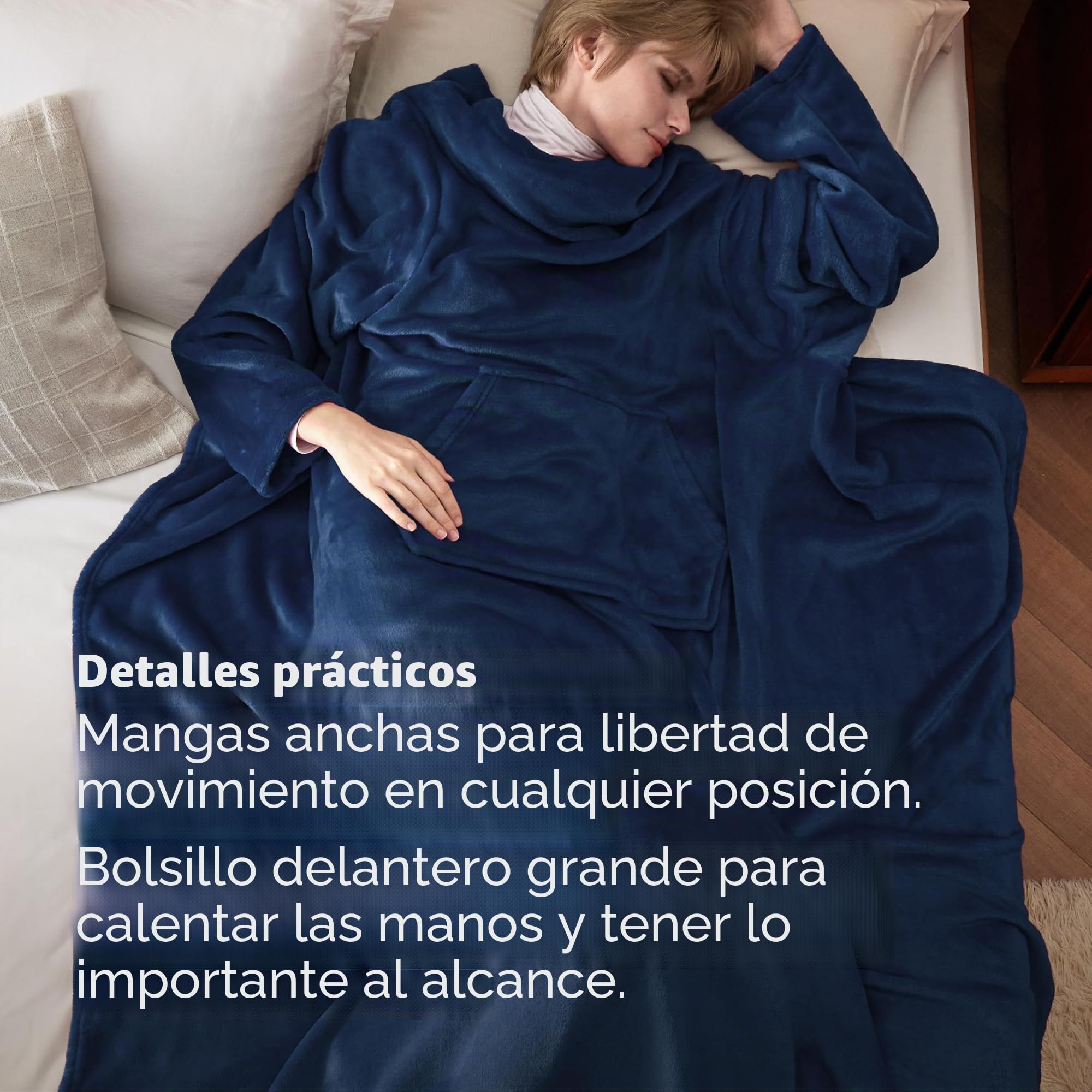 Bedsure Batamanta Mujer Flanelle Invierno - Bata Manta Hombre para Sofa, Manta con Mangas con Bolsillo Frontal, Tejido Felpa Suave y Acogedor, 150x200cm, Azul Marino