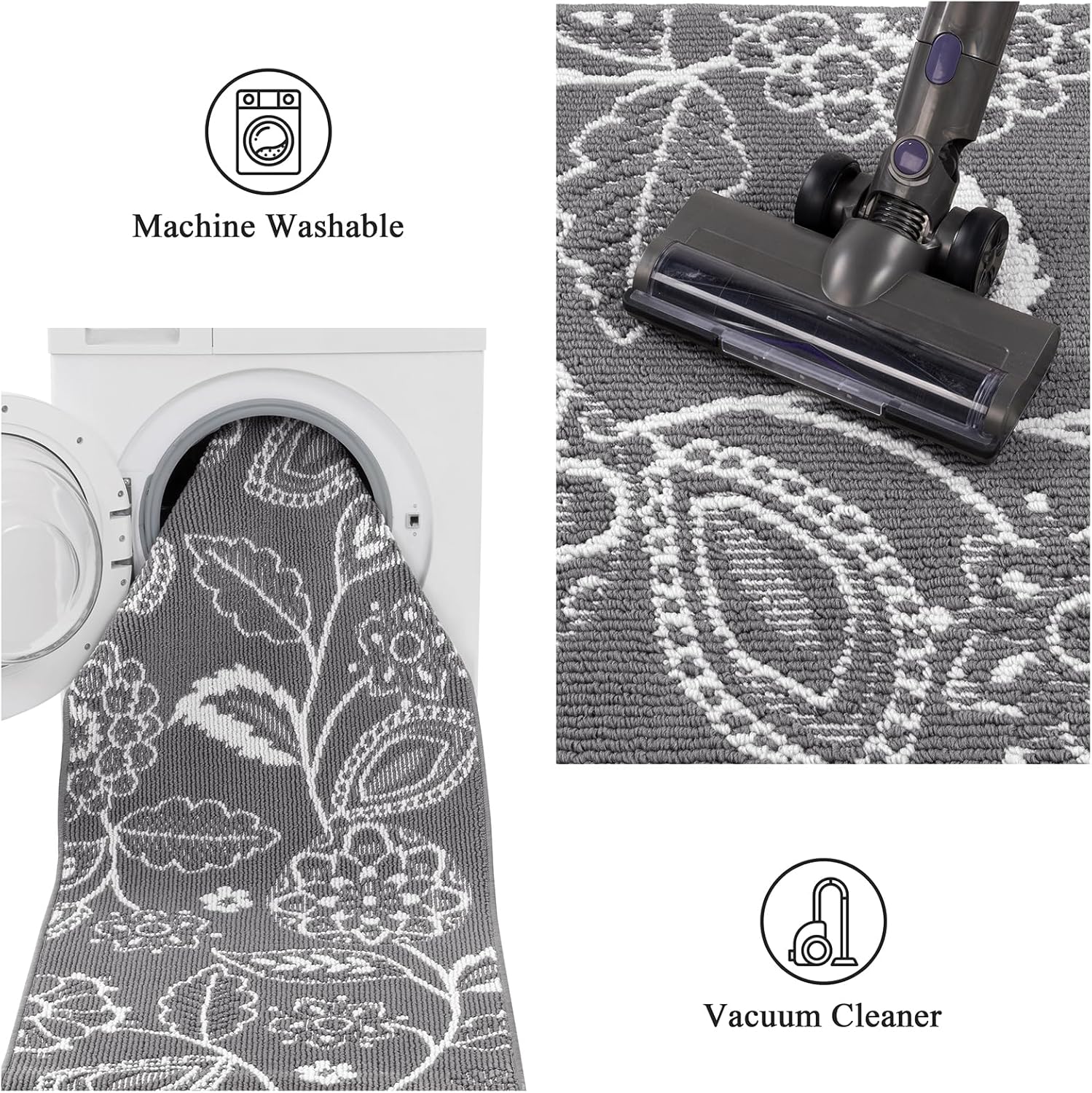 2x10 Washable Runner Rug with Non Slip Backing, Absorbent & Dirt-Trapping, Gray and White High-Low Textured Floral Hallway Carpet for Kitchens, Laundry Rooms, Bathrooms, Entryways - Image 6