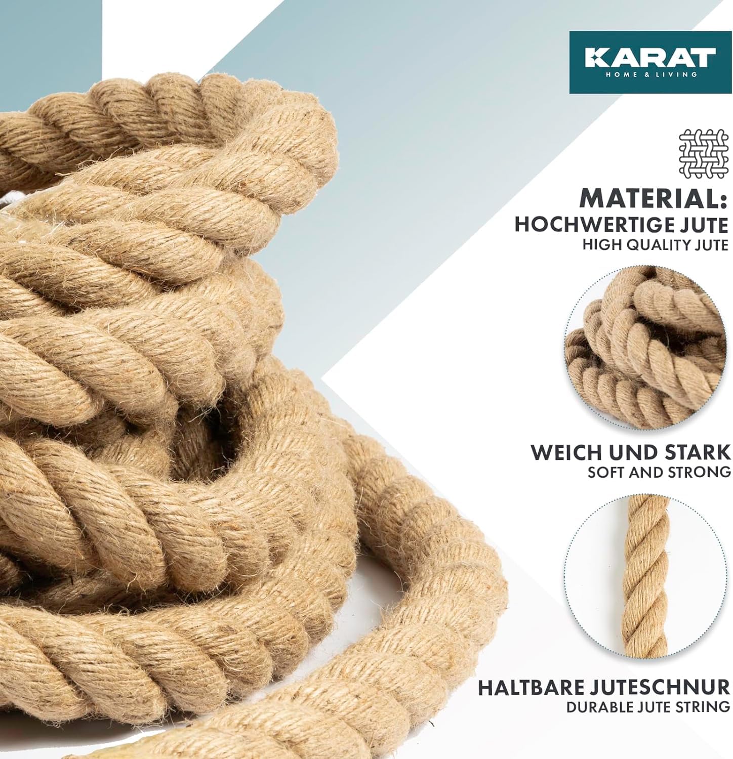 KARAT Cuerda de escalada de 30 m y 30 mm de grosor, cuerda de yute 100% natural, extrafuerte, cuerda de yute, para deporte, decoración de jardín, manualidades, árbol rascador