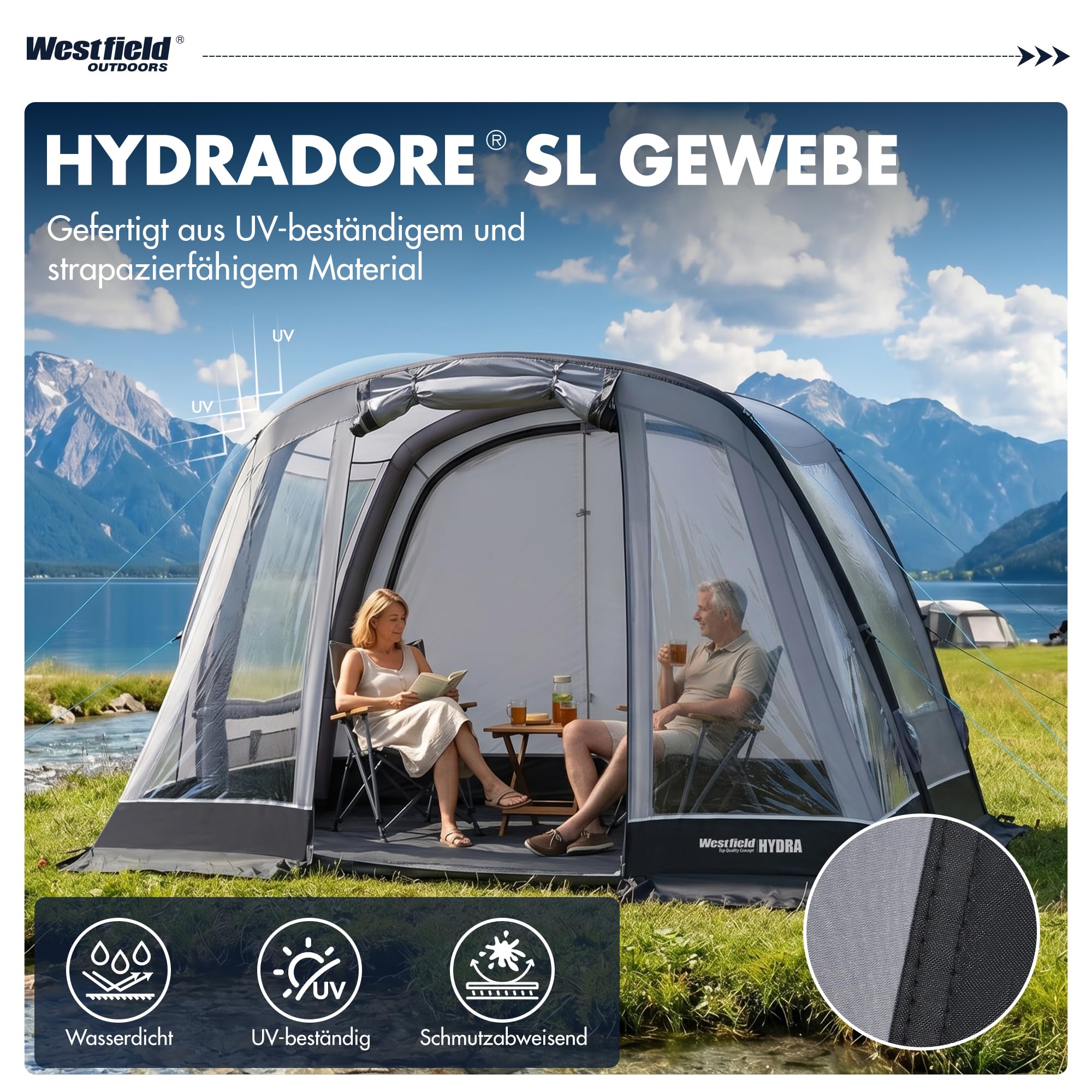 Westfield Outdoors Hydra, Aufblasbares Zelt 300 x 240 cm, Wetterfestes Autozelt mit 3000 mm Wasserschutz, UV-beständig, Drive-Away-Funktion, Panorama-Ausblick, abnehmbare Wände & Tragetasche
