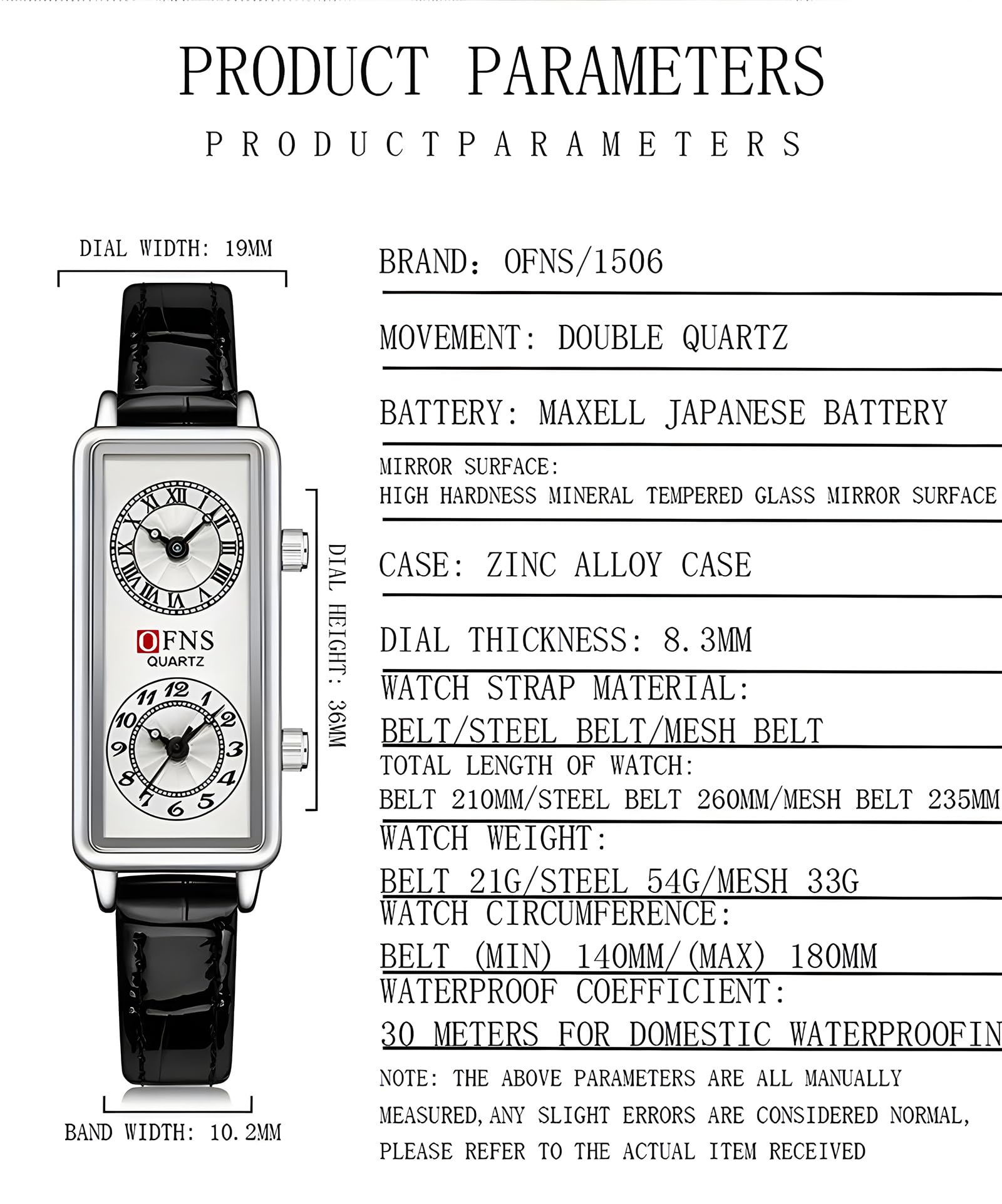 Gosasa Orologio al quarzo delle donne alla moda, quadrante rettangolare con i fusi orari doppi, resistente all'acqua di 30m