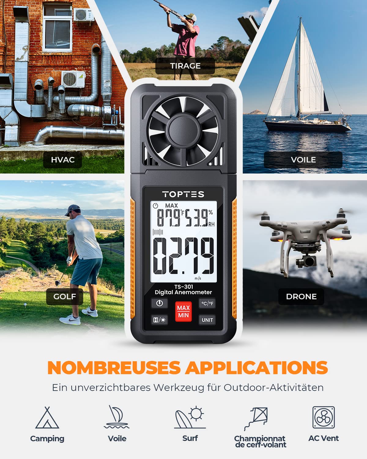 Anémomètre numérique TopTes TS-301, Compteur de Vitesse du Vent Avec écran LCD 2,26 pouces, Débitmètre d'air pour HVAC/Voile/Surf/Prise de Vue/Drone, 6 Unités de Mesure Rétroéclairage Jauge de Vent