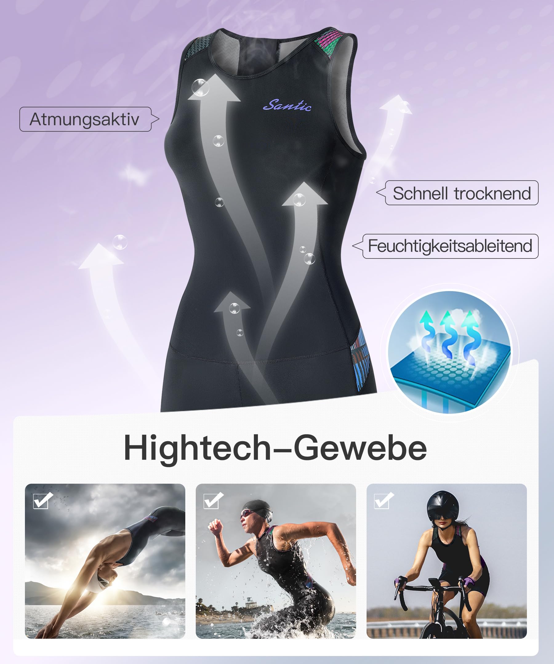 Santic Damen Triathlonanzug Einteiler Ärmellos Pro Gepolstert Schnell Trocknend für Radfahren Schwimmen Laufen