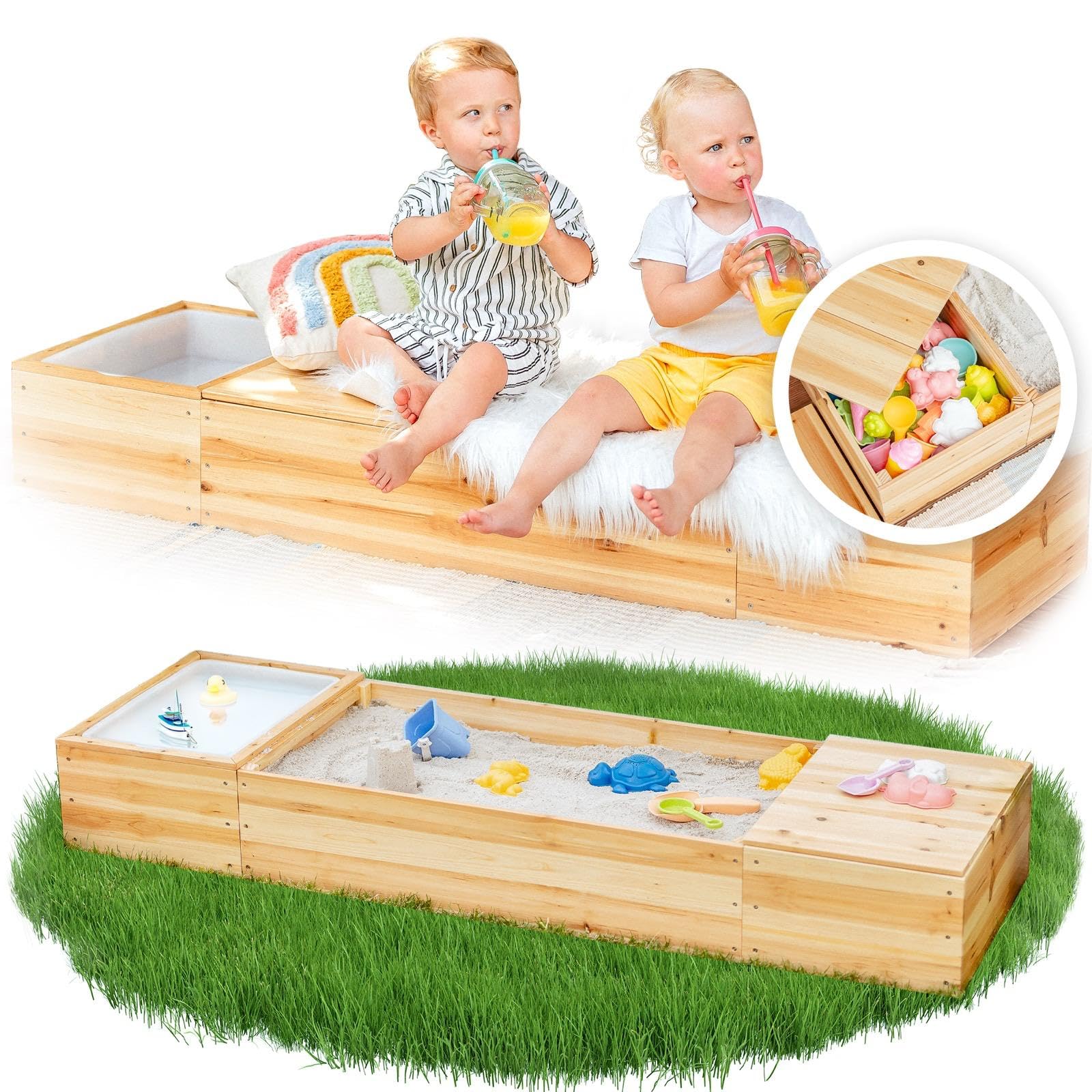 Sandkasten mit Abdeckung 150x45cm – 4 in 1 Sandbox mit Deckel aus lasiertem Massivholz für Balkon, Terrasse & Garten – Matschküche, Sandfach, Staufach, Sitzbank & Vlies, ab 1 Jahr