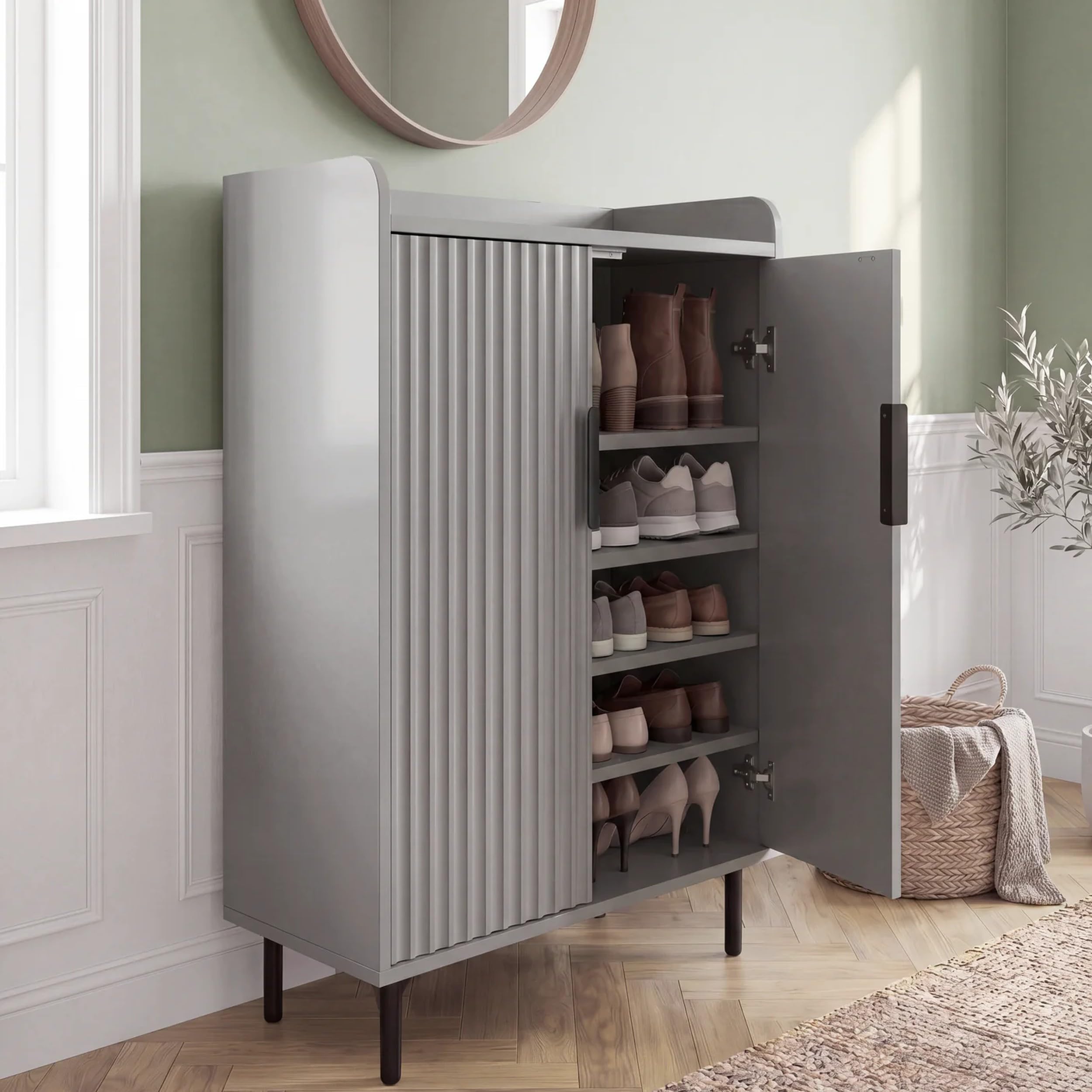 Blisswood Shoe Cabinet with Doors, Fluted Wooden Shoe Storage Cabinet Cupboard, 5-Tier Shoe Rack with Adjustable Shelves, Metal Legs & Handles, Living Room, Hallway Entryway Grey, 36Dx 60Wx 105H cm