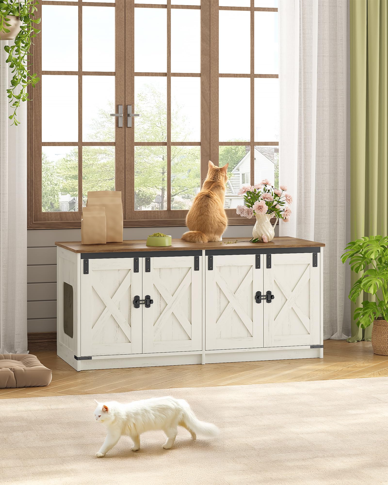 Hzuaneri Maison de Toilette Chat, Meuble Litiere pour 2 Chats, Meuble pour Bac à Litière Caché, Maison pour Chat D'intérieur, Style Ferme, 119 x 48 x 53,5 cm, Marron Rustique et Blanc CB85314X