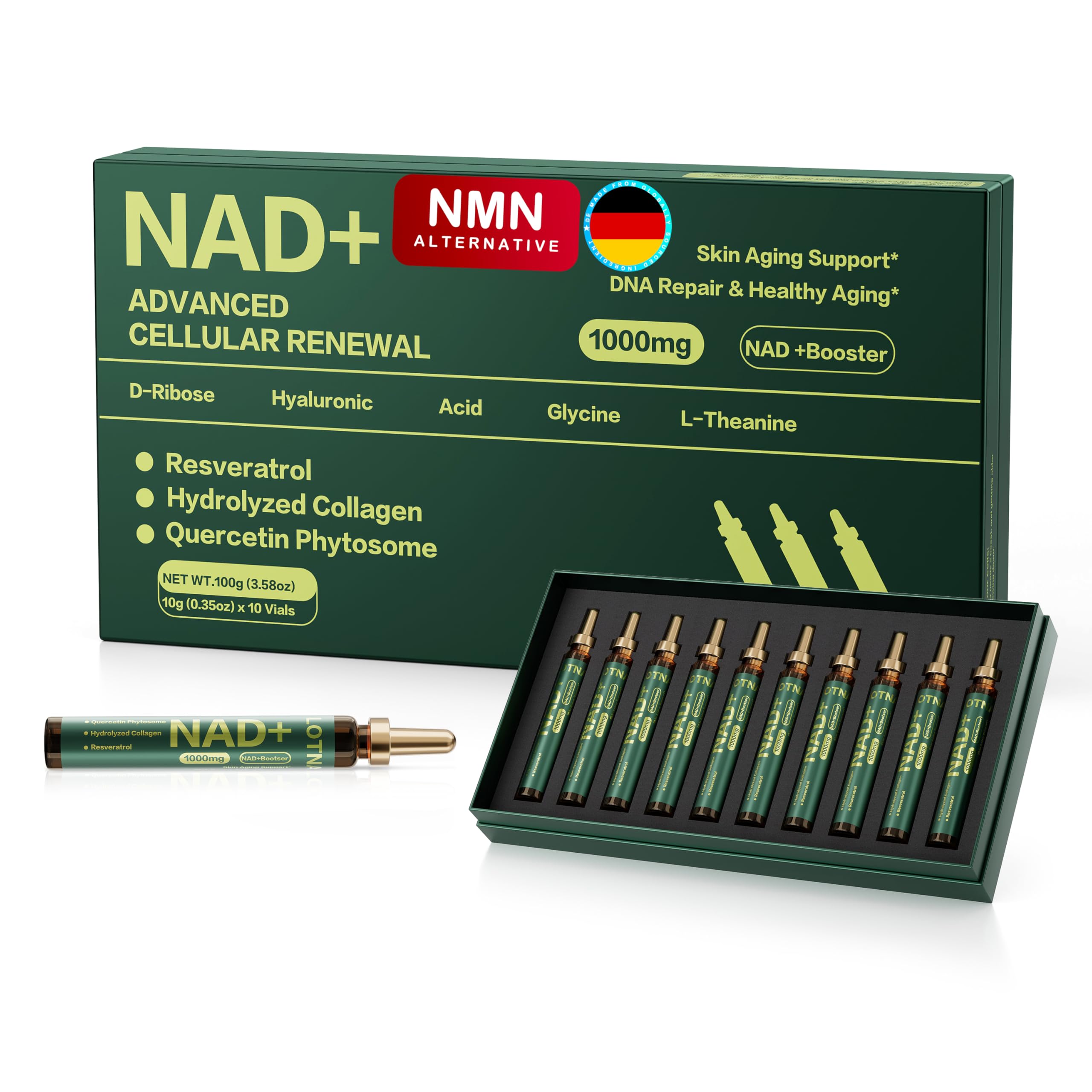 NAD+ Zellregeneration 1000mg – Flüssigkeit NAD Nahrungsergänzungsmittel für Anti-Aging, DNA-Reparatur & Energie – NAD+ Booster mit Resveratrol, Kollagen & Quercetin – 10 Trinkampullen