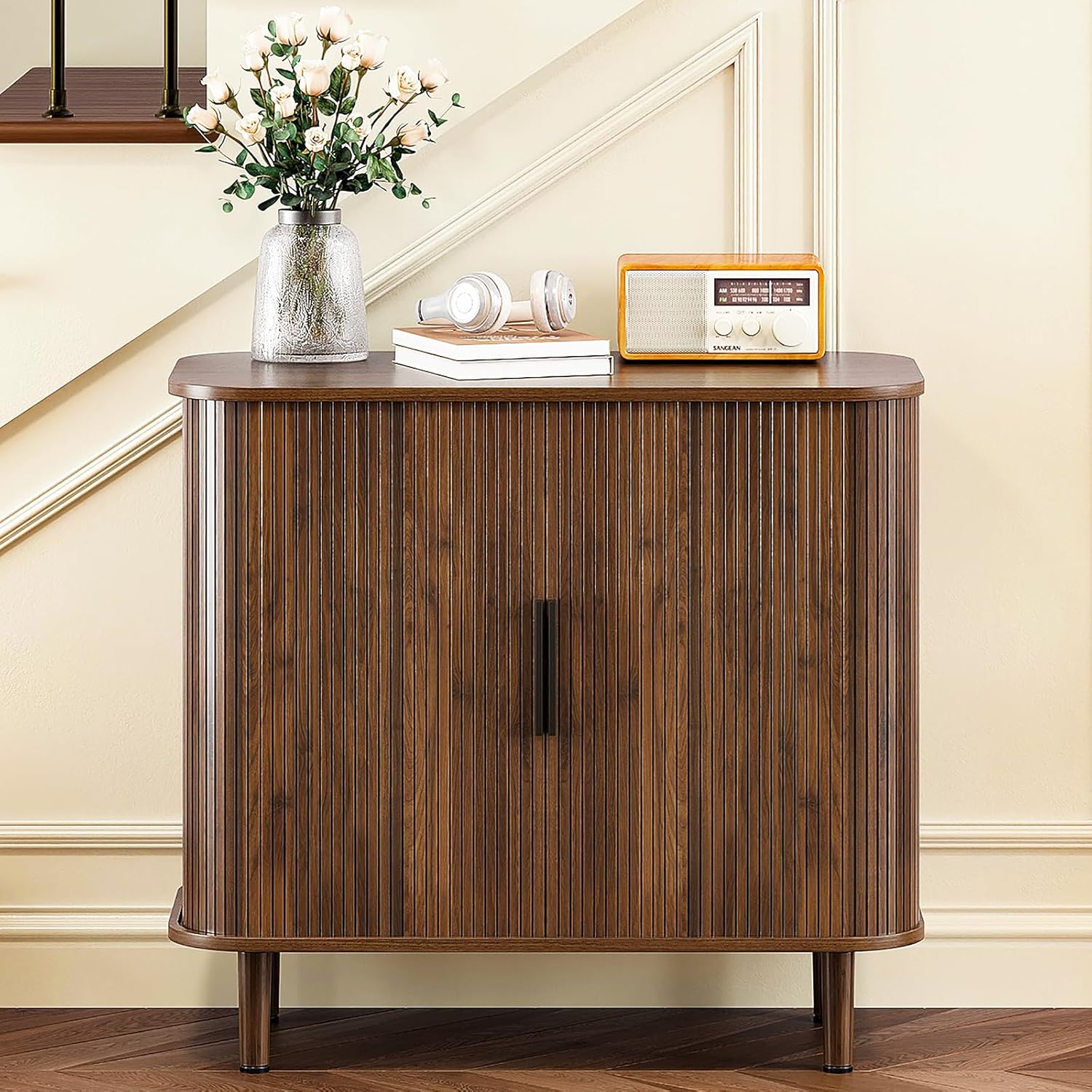 31.5" Sideboard Buffet Cabinet with Storage, Modern Walnut Accent Cabinet with Sliding Doors & Adjustable Feet, Small Credenza for Kitchen, Entryway, Living Room (Walnut, 15.8"D x 31.5"W x 29.5"H)
