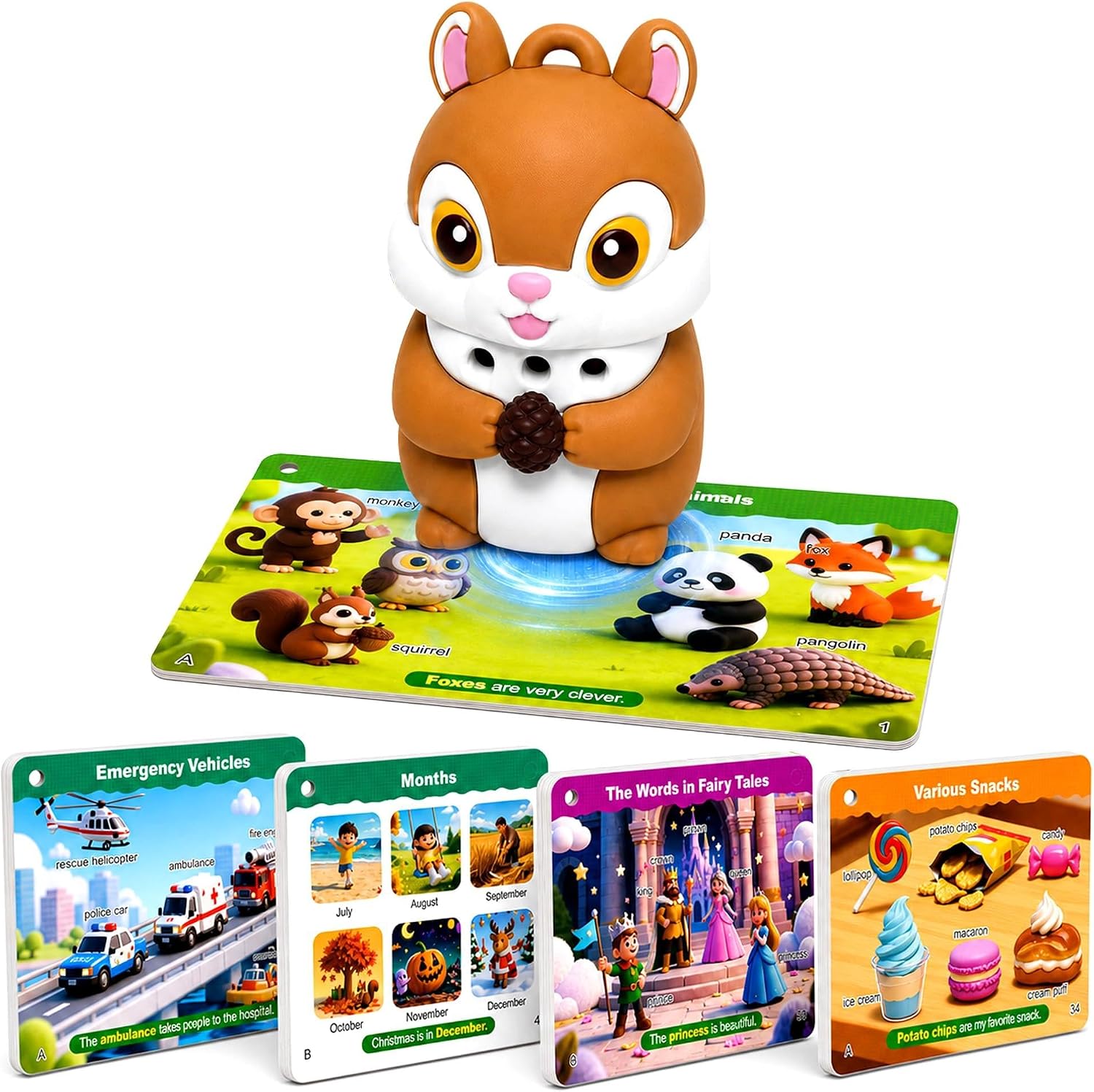 Squirrel Talking Pen for Kids 4-8, Phonics Reading Pen with 3D Flash Cards | Cute squirrel pen with 56 3D cards cover phonics, words, stories, music, Screen-free educational toy for home or travel