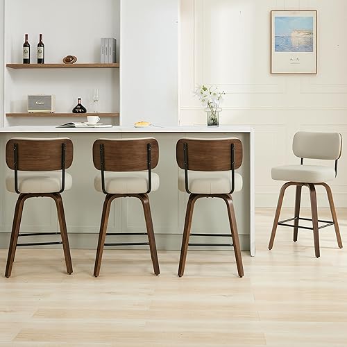 Swivel Bar Stools Set of 4, 26" Upholstered Counter Height Bar Stools with Back and Walnut Wood Legs, Faux Leather Barstools for Kitchen Counter, Gray
