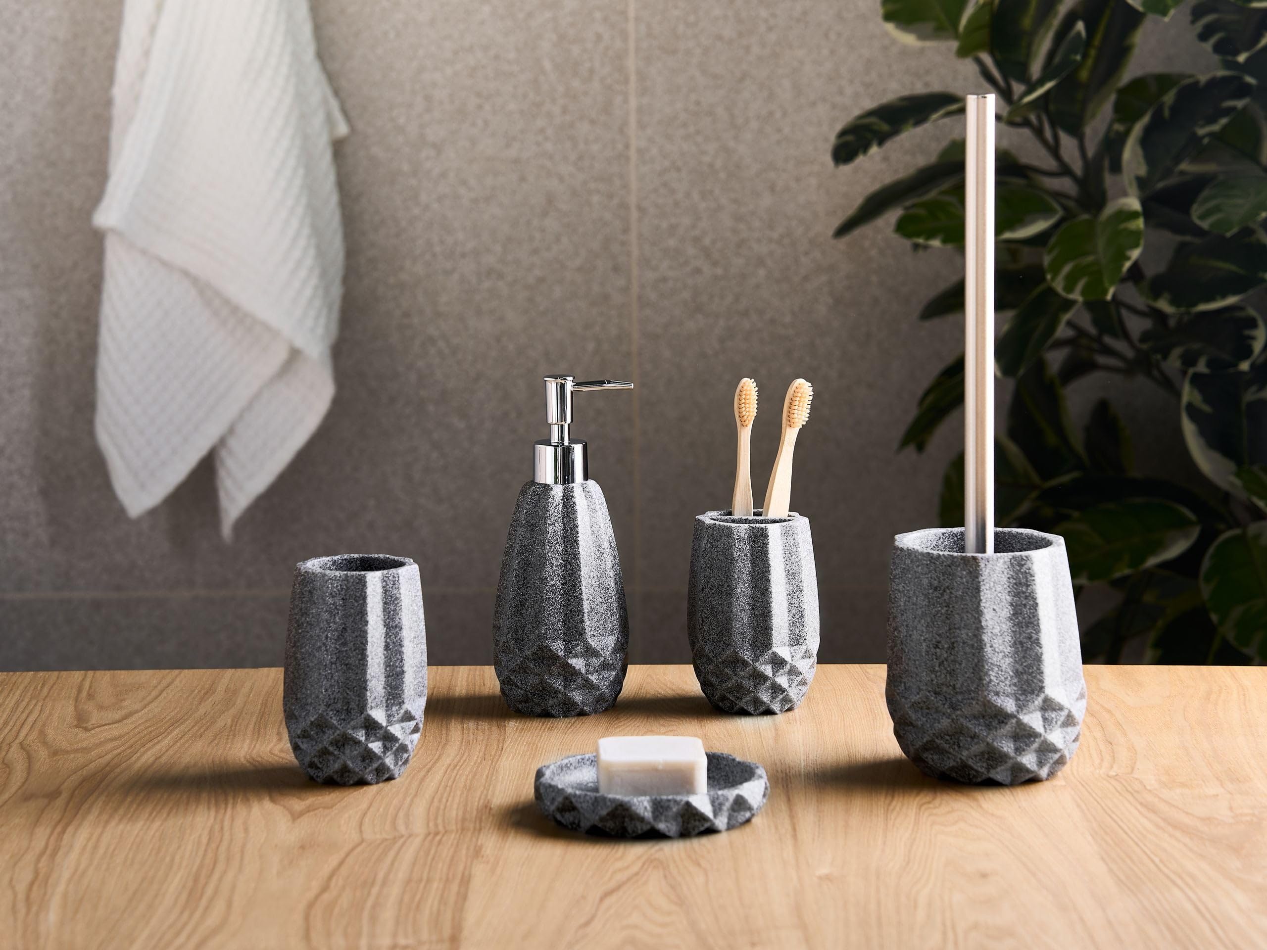 Conjunto de 5 Accesorios de baño jabonera dispensador de jabón escobilla de Inodoro Vaso Soporte para cepillos de Dientes Gris Samiria