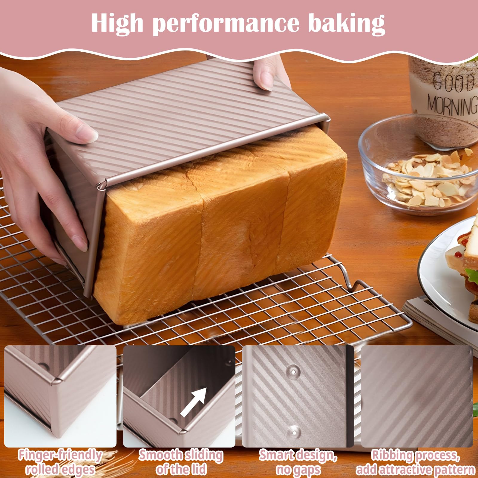 Teglia Per Pane Antiaderente, Tortiera In Acciaio Al Carbonio Con Coperchio Scorrevole Eccellente Conduttivita Termica Oro Rosa 92096187