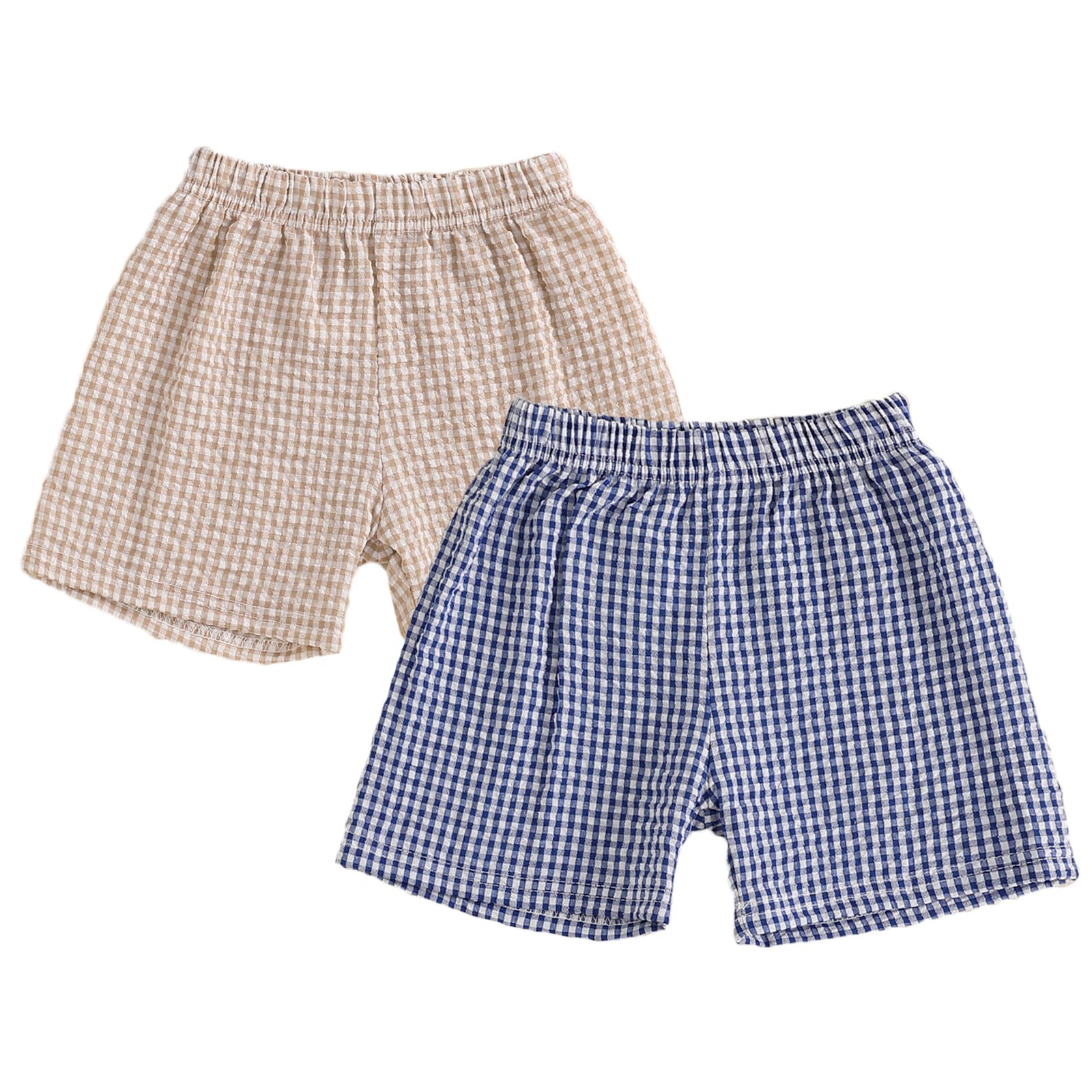 2PCS Toddler Baby Girl Boy Gingham Seersucker Shorts Elastic Waist Plaid Shorts Casual Short Pants Summer Bottoms (Navy Blue+Beige, 3-4 Years)