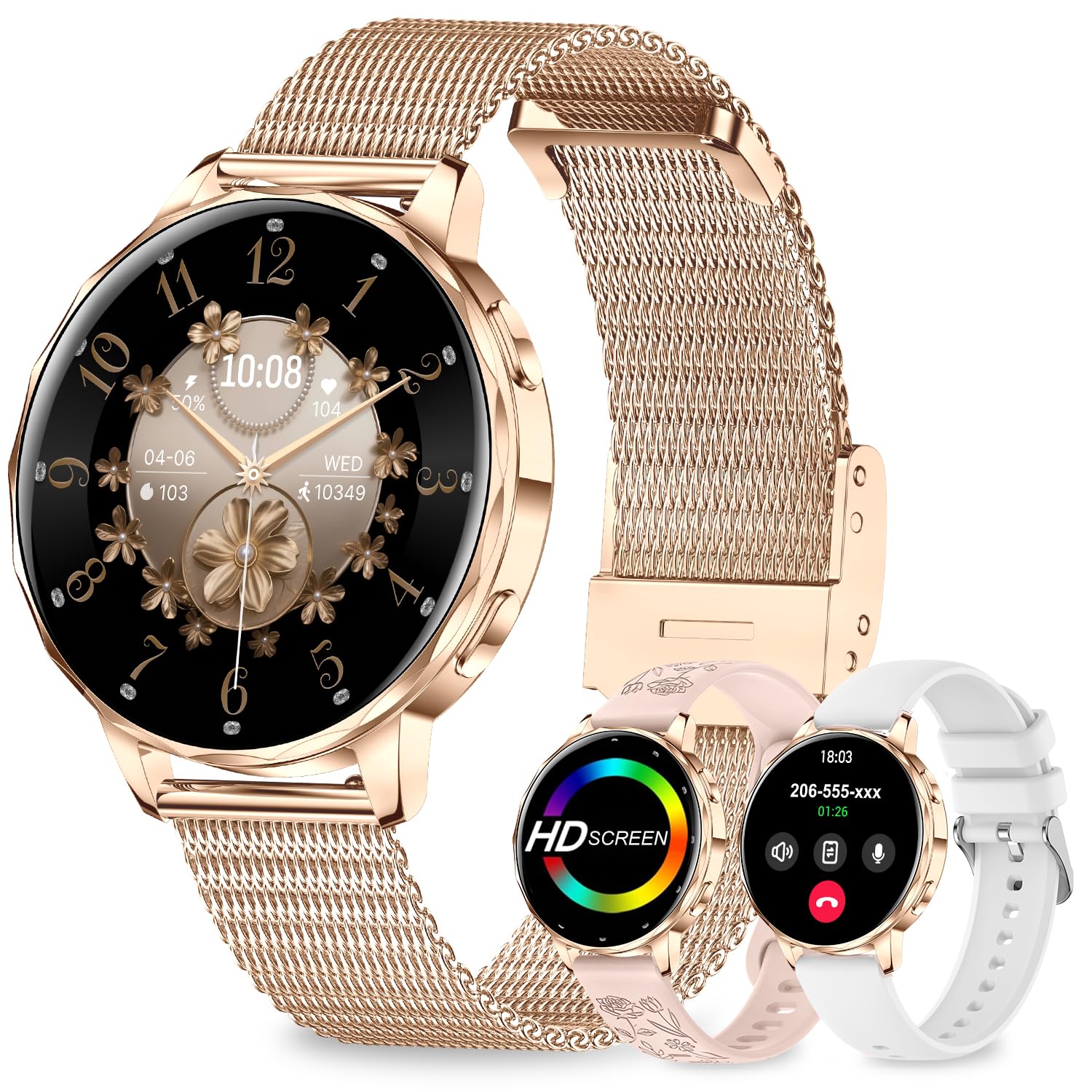 Smartwatch Donna Chiamate Bluetooth,3 Cinturini,1.27" 3D Curvo Schermo Orologio Donna Smartwatch,HR/Passi/Calorie/Pressione/Sonno Monitor,120 Sportiva IP68 per Android & iOS,Rosa oro