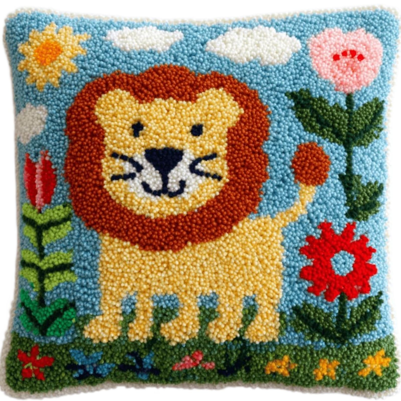 ZUHK 3D Animal Latch Hook Kit 43x43cm -Pre Printed Embroidery Craft Set fit for Christmas and Home Decoration (Lion)