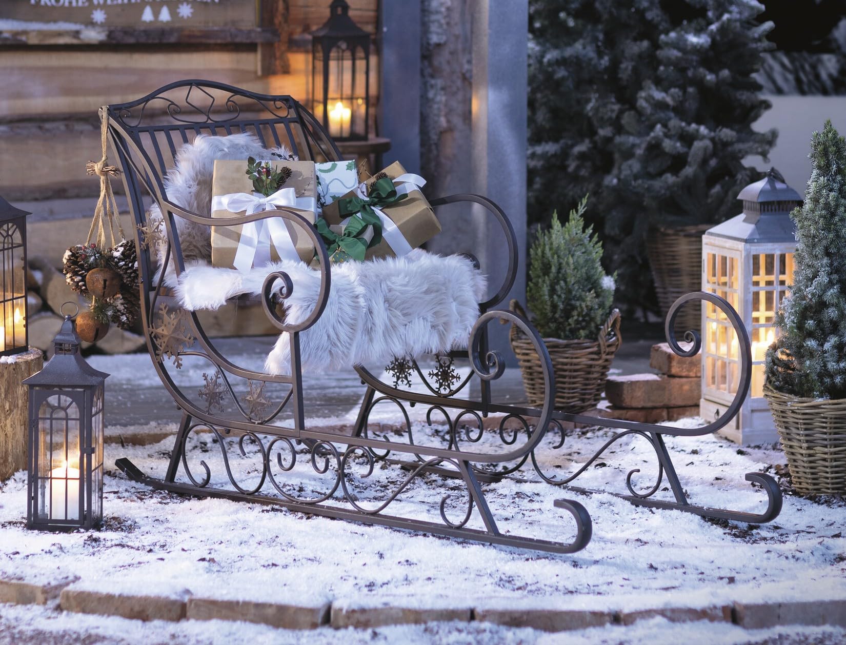 Dekoleidenschaft Großer Schlitten Nostalgie aus Metall, braun mit Antik Finish, 116 cm lang, Dekoschlitten, Weihnachtsdeko, Garten-Deko für Draußen