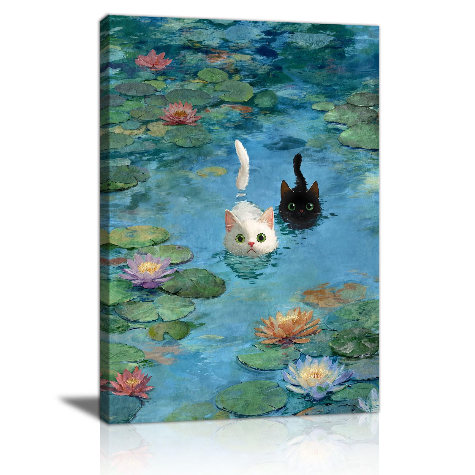 Vintage Monet Famous Floral Framed Canvas Wall Art Prints, Funny Cat in Water Lilies Canvas Picture for Bedroom Humorous Animal Wall Painting Home Decor for Bedroom Bathroom Living Room 40X60cm
