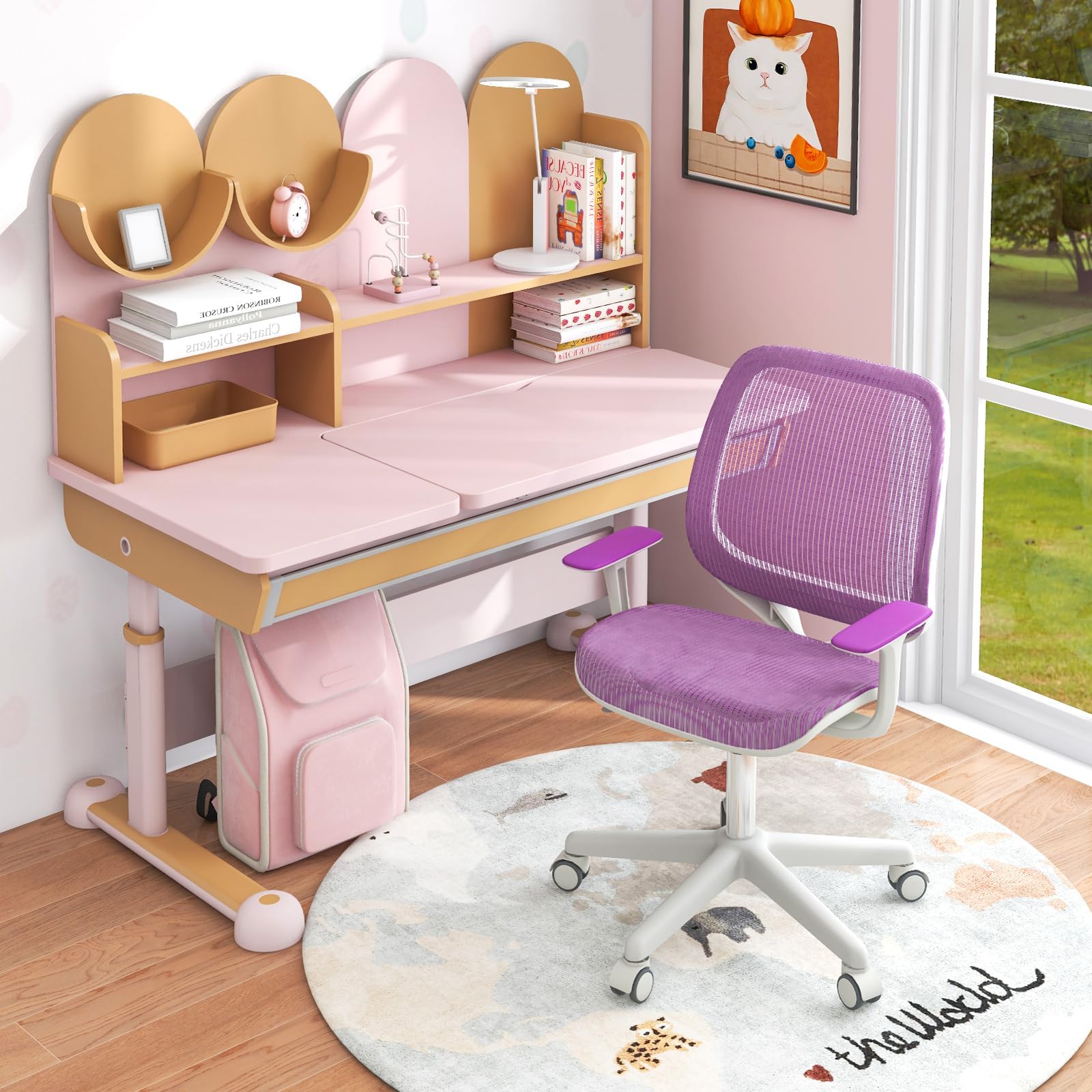 COSTWAY Kinder Schreibtischstuhl 360° drehbar, Sitzhöhe 43-55cm höhenverstellbar, Kinderdrehstuhl ergonomisch mit Rollen, Bürostuhl mit Rückenlehnen & Armlehnen für Kinder ab 6 Jahren (Lila)