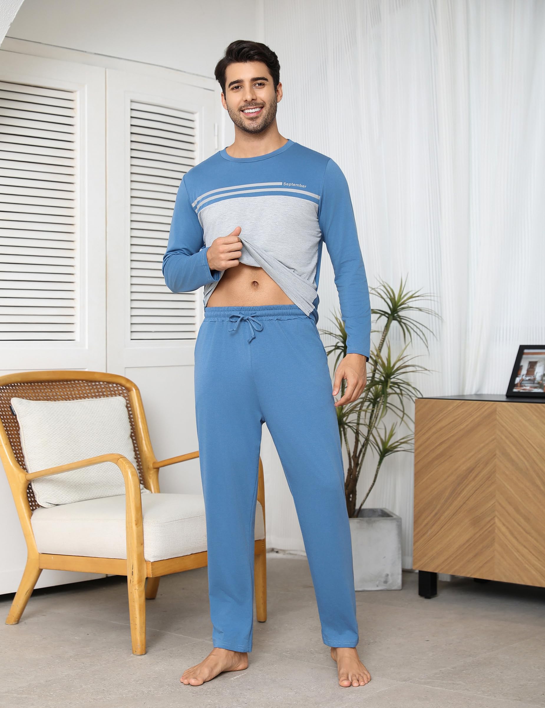 Pijamas Hombre Invierno Conjuntos de Algodón Pijama Cálidos Manga Larga Ropa de Dormir Cuello Redondo Ropa de Salón Dos Piezas