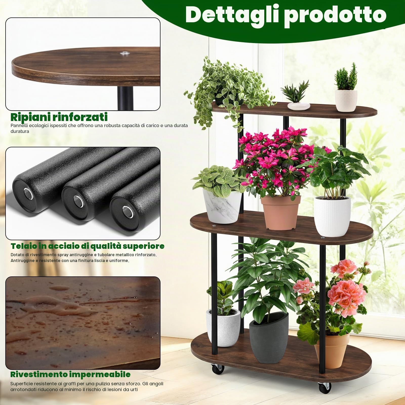 Scaffale per Piante 3 Ripiani con Ruote, Supporto Piante in Metallo e Legno, Porta Piante Interno 90 cm Alto per Soggiorno Balcone Cucina, Portavasi Salvaspazio Stabile