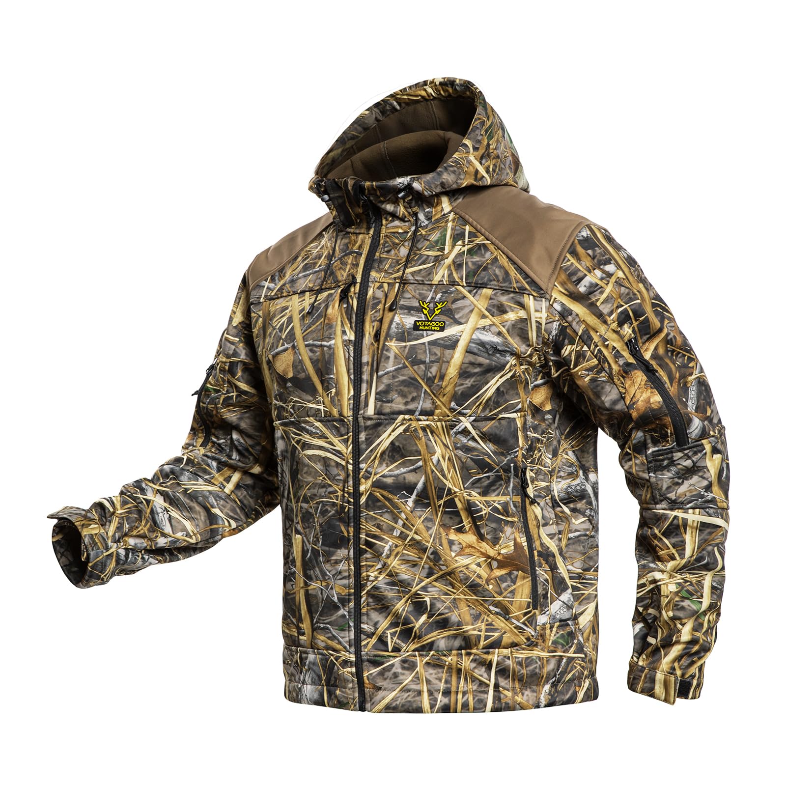 VOTAGOO Giacca da caccia silenziosa Softshell foderato in pile mimetico abbigliamento abbigliamento abbigliamento con cappuccio cappotto per uomo