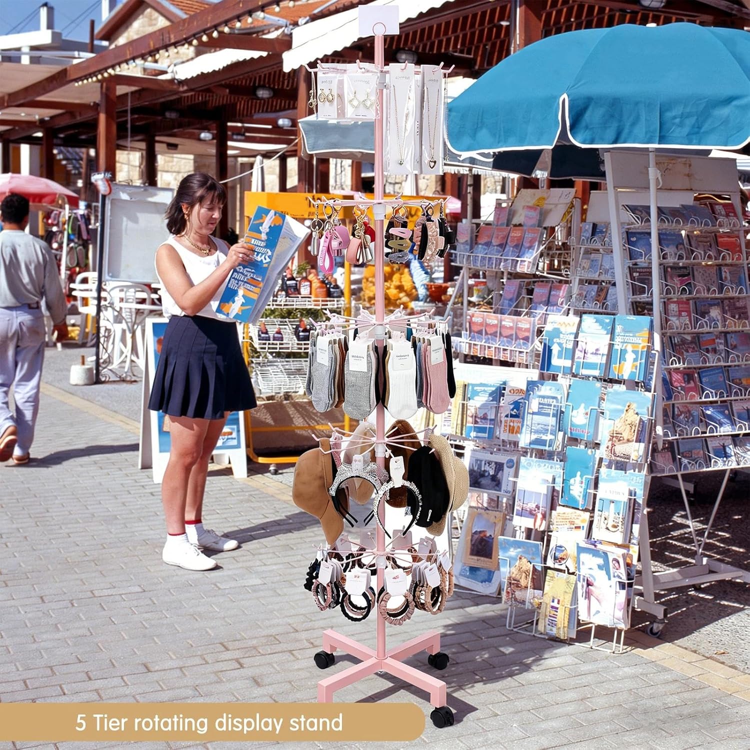 Ripeng 1 Pcs 5-tier Rotating Retail Display Stand Display Rack for Earring Keychains Jewelry Vendor Events and Stores Movable Adjustable Shop Spinner Pink Ornament Holder - Image 5