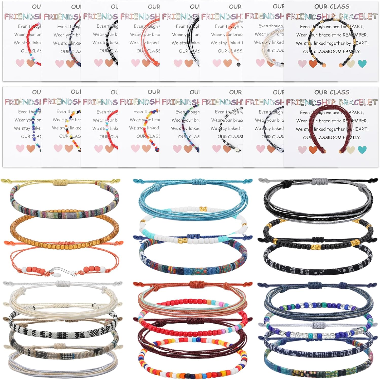 Equsion 48 Sets End of Year Bracelets Gifts from Teacher, Graduation Friendship Bracelets with Cards Boho Beaded Adjustable Handmade Bracelet Classroom Exchange End of Year Gifts for Students