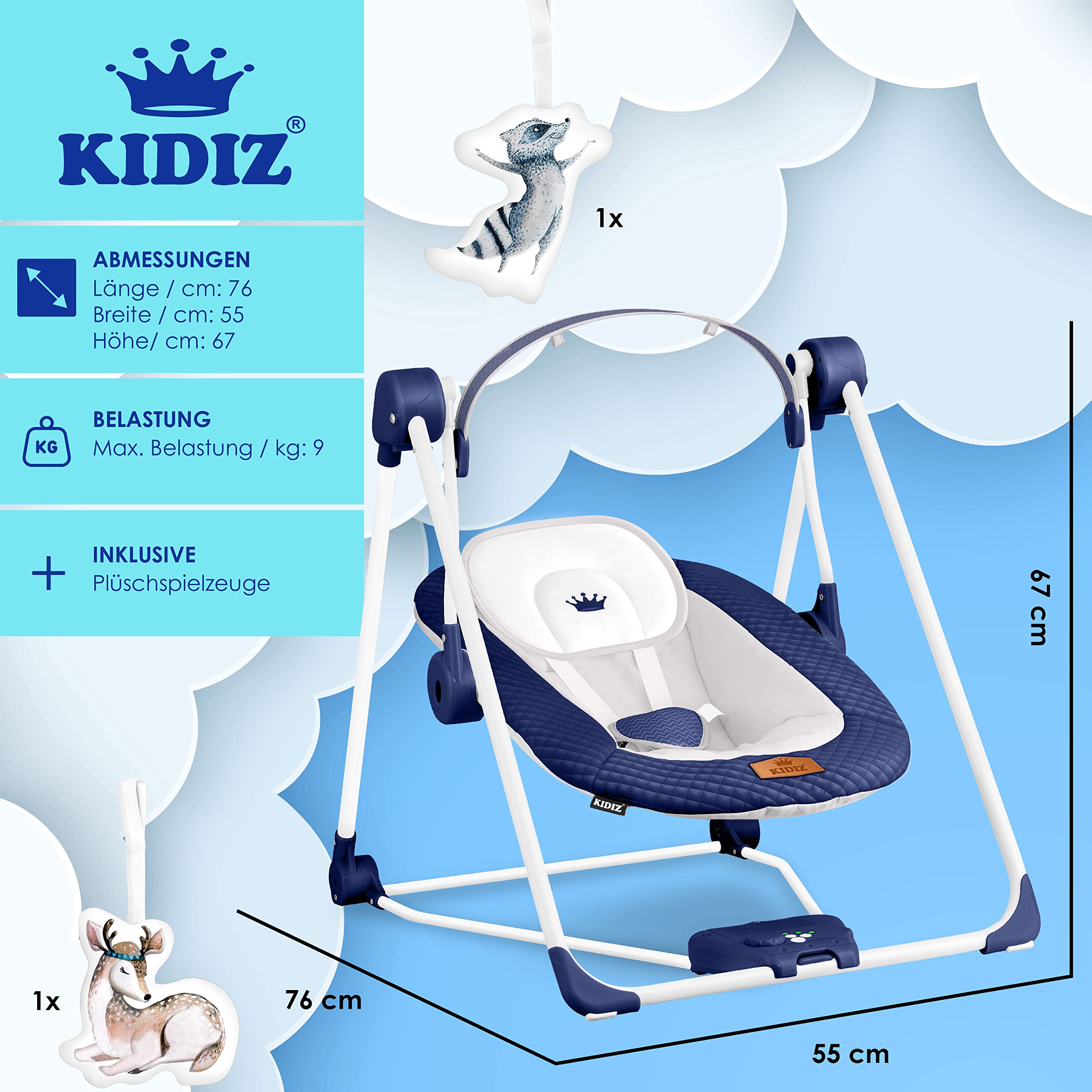 KIDIZ® Babywippe Babyschaukel mit 5 Geschwindigkeitseinstellungen zusammenklappbarer Baby Wippe Schaukel Babyhochstuhl mit Spielbogen Spielzeugen 5 einzigartige Naturgeräusche, Blau
