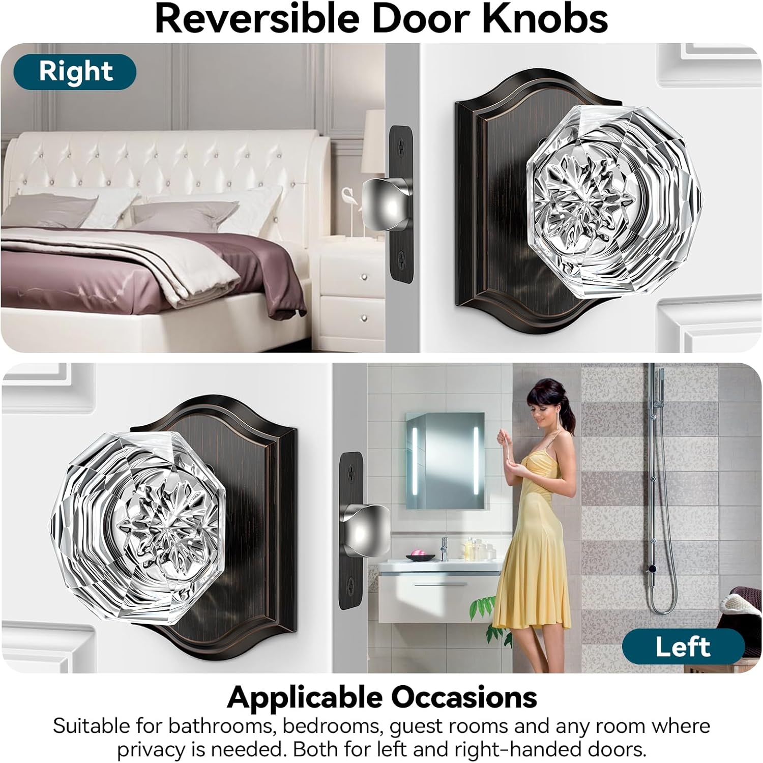 6 Pack Glass Door Knobs, Oil Rubbed Bronze Crystal Door Knobs Interior with Lock for Privacy Use, Diamond Glass Door Knobs for Bedroom Bathroom, Vintage Crystal Door Knob Set