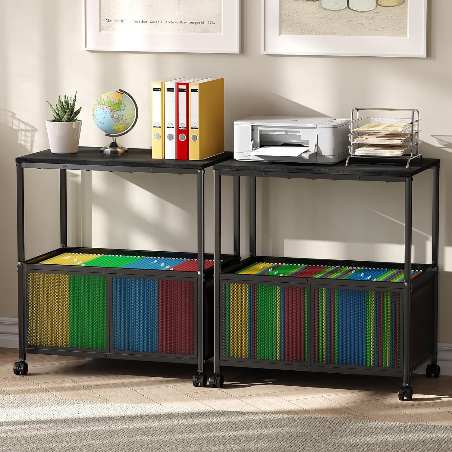 Lateral File Cabinets Rolling File Cart, Mobile Hanging File Cabinet with Wheels, Printer Stand File Organizer File Cabinet for Home Office, Black