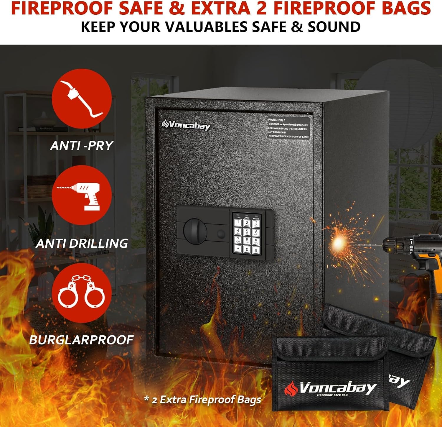 Voncabay Money Safe Box for Home with Sensor Light & Fireproof Money Bag, Security Safe Box for Money Safe with Keys & Pass Code, 2.2 Cubic Feet Lock Box Fireproof Safe with Digital Keypad, black