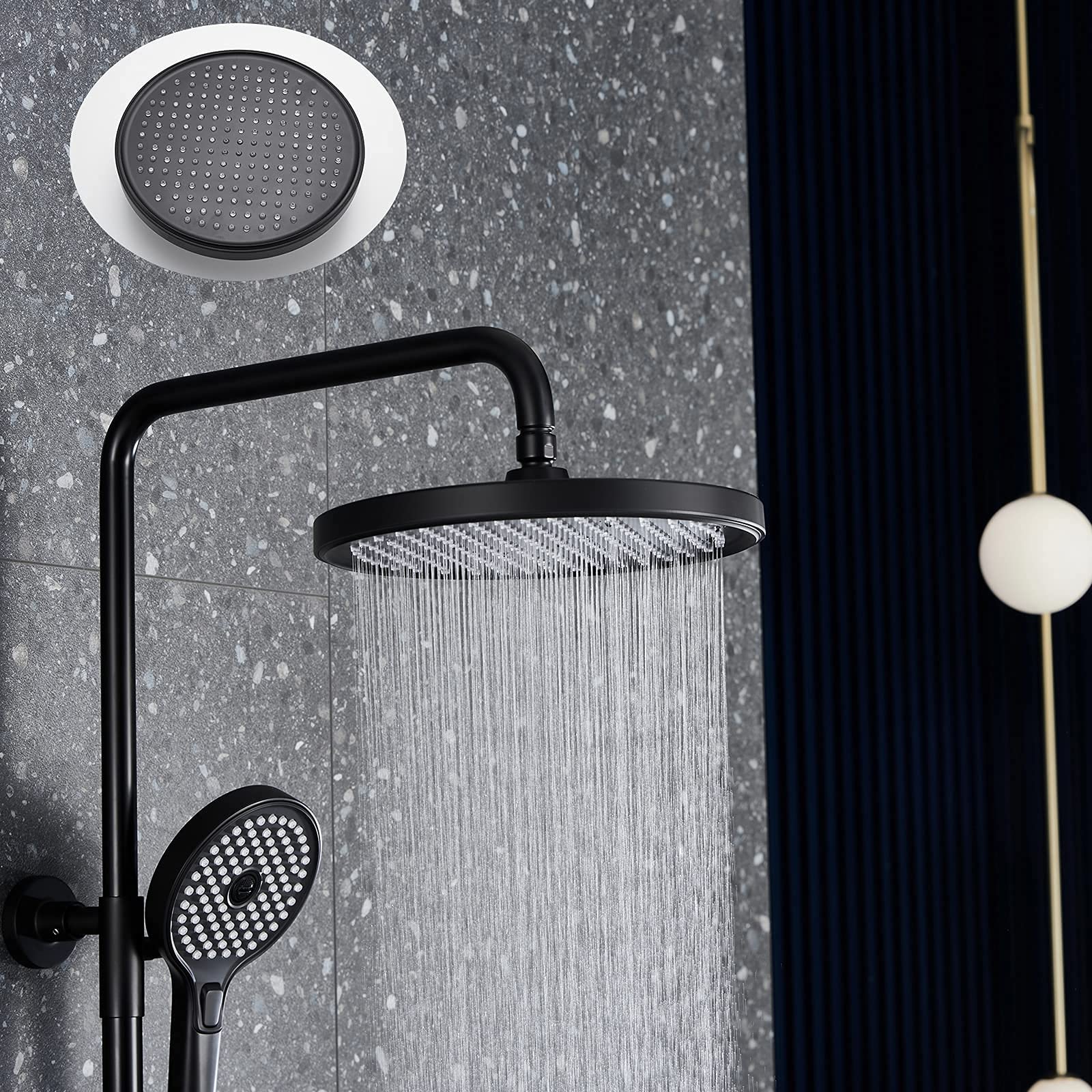 Set Combinato Doccia a Pulsante, Rubinetto Doccia a Parete per Bagno con soffione, doccetta Multifunzionale, Bocca di erogazione per Vasca, Cromato, Nero, Nero,Black