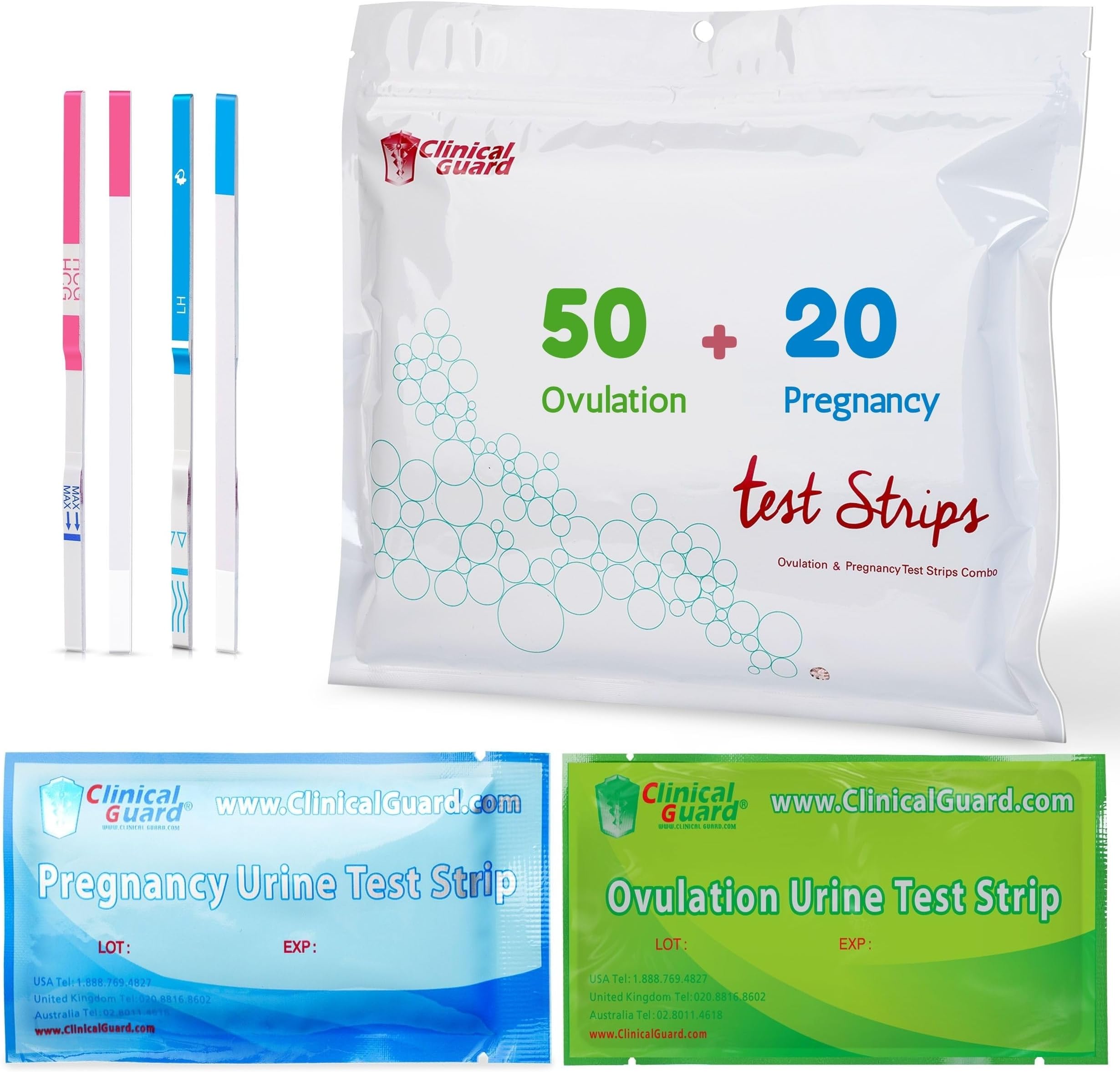 Clinical Guard 50 Ovulation Test Strips and 20 Early Pregnancy Test Strips Combo Rapid HCG Test Fertility Ovulation Predictor Kit - 70 Count - Azure/Sage
