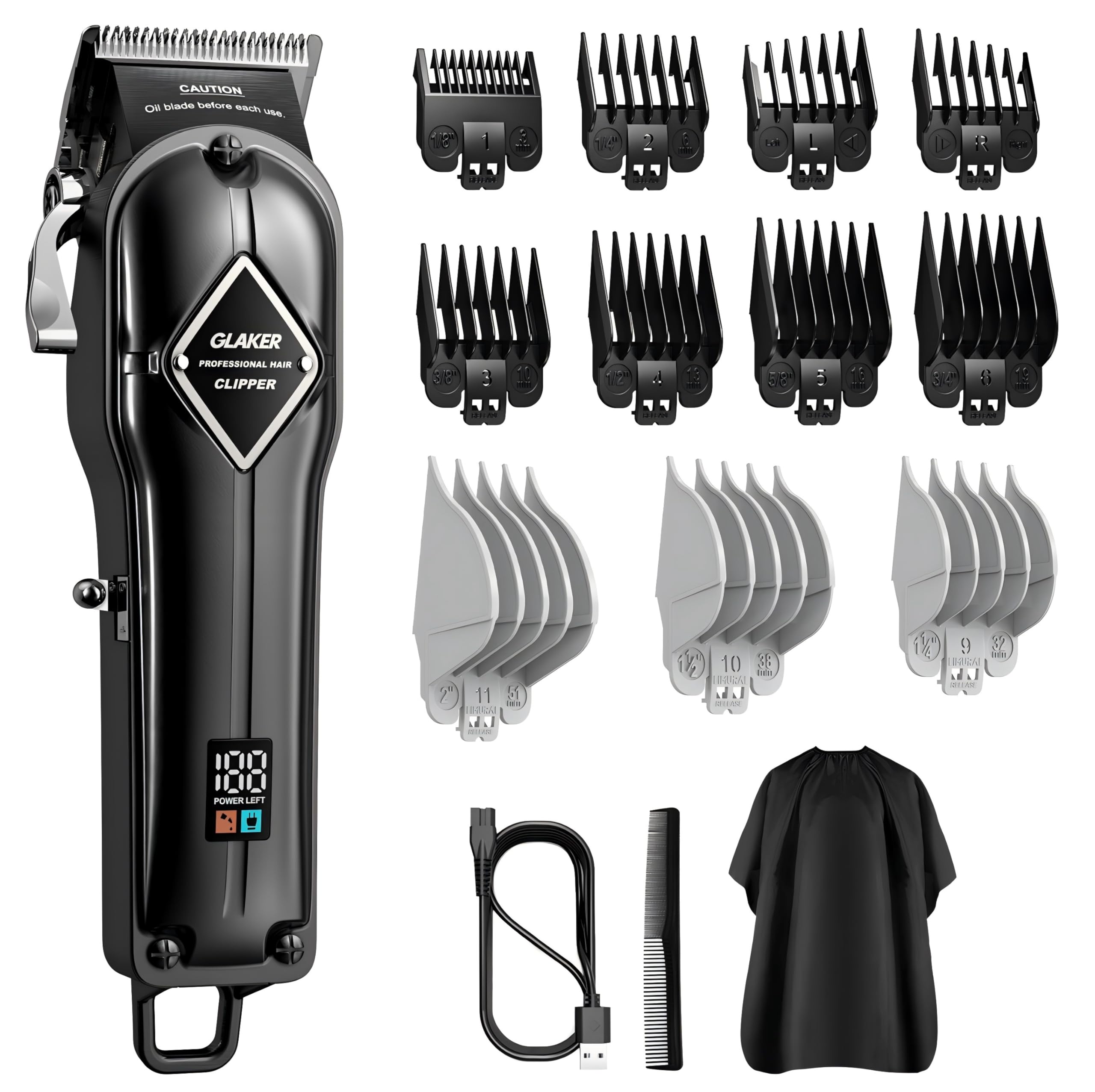 GLAKER Hair Clippers for Men - Cordless Professional Barber Clipper Hair Cutting Kit with 11 Guide Combs for Haircut, Trimming & Grooming (Black)