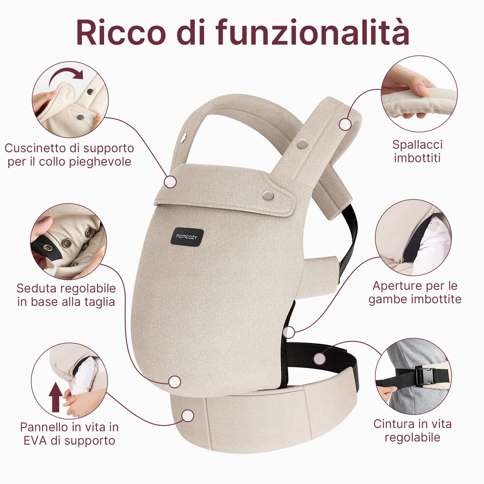 Marsupio Momcozy - Ergonomico, confortevole e leggero, per bambini da 3 a 20 kg (3-24 mesi), facile da indossare, ideale per genitori a mani libere, Kaki