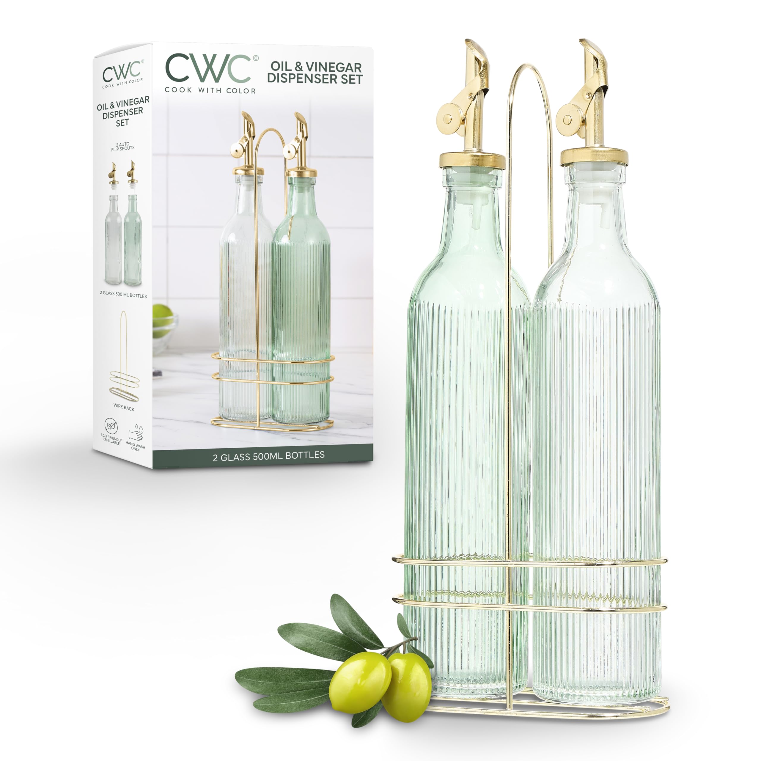 COOK WITH COLOR Glass Olive Oil Bottle Dispenser - 2 Pack- 17oz Oil and Vinegar Cruet - Olive Oil Carafe Decanter for Kitchen